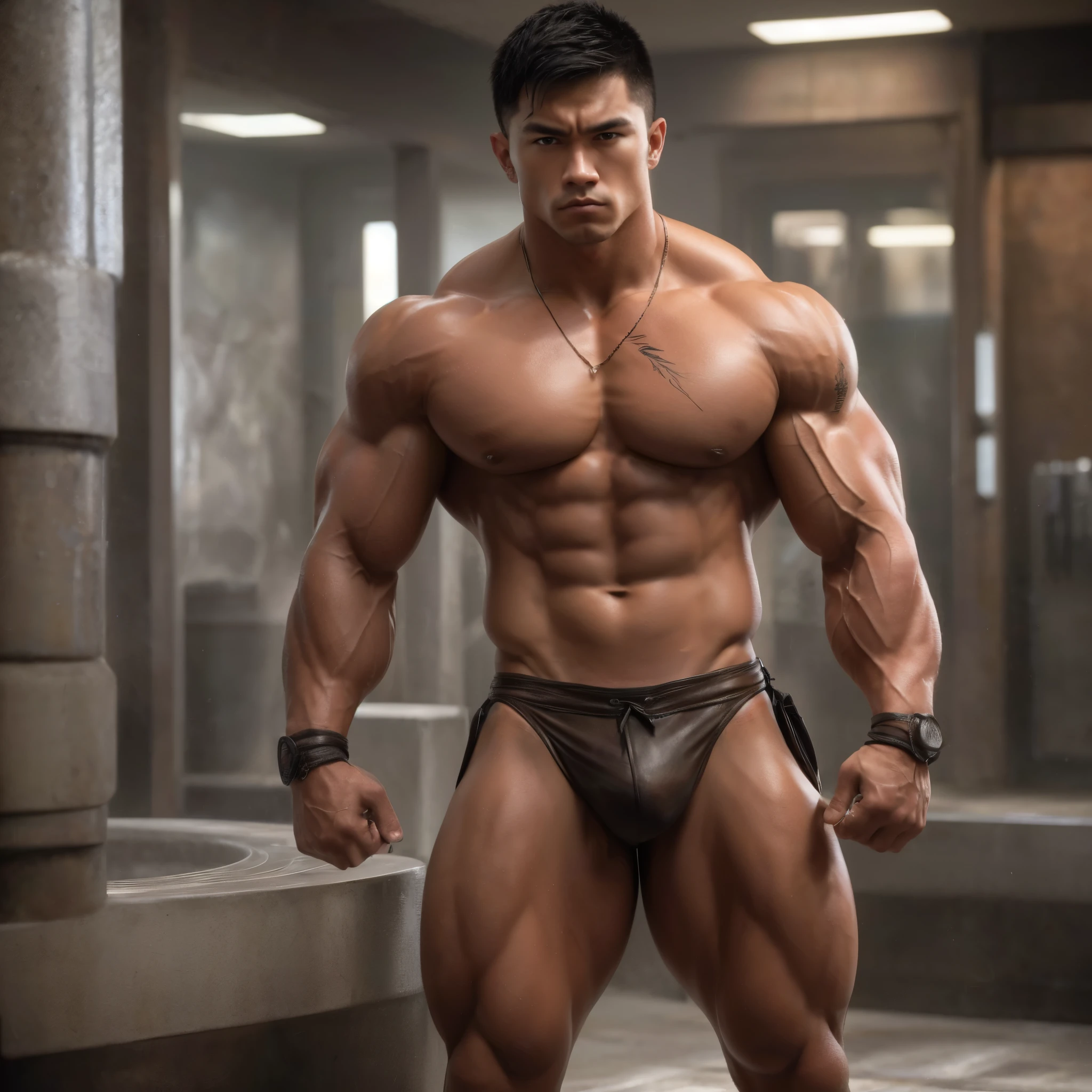 arafed male bodybuilde in a leather thong posing for a picture, exaggerated muscle physique, very beautiful. big muscles, massive muscles, strong and imposing, bodybuilder, absurdly muscular physique, strong and muscular, bodybuilder body, big muscles, bulging muscles, muscular!! sci-fi, exaggerated physique, large muscles, extremely muscular