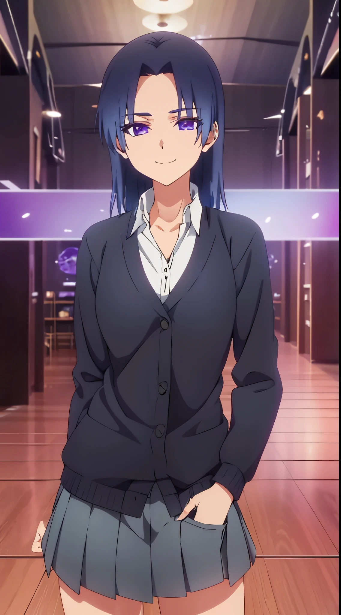 kamiya of shikimori-san ia not just cute, blazer, black sweater, perfect face, (ultra high quality), detailed, 8k,masterpiece, looking viewers, small breast, purple eyes, 1 girl, sharp eyes, pride smile, hands in pocket, mini skirt, thigh