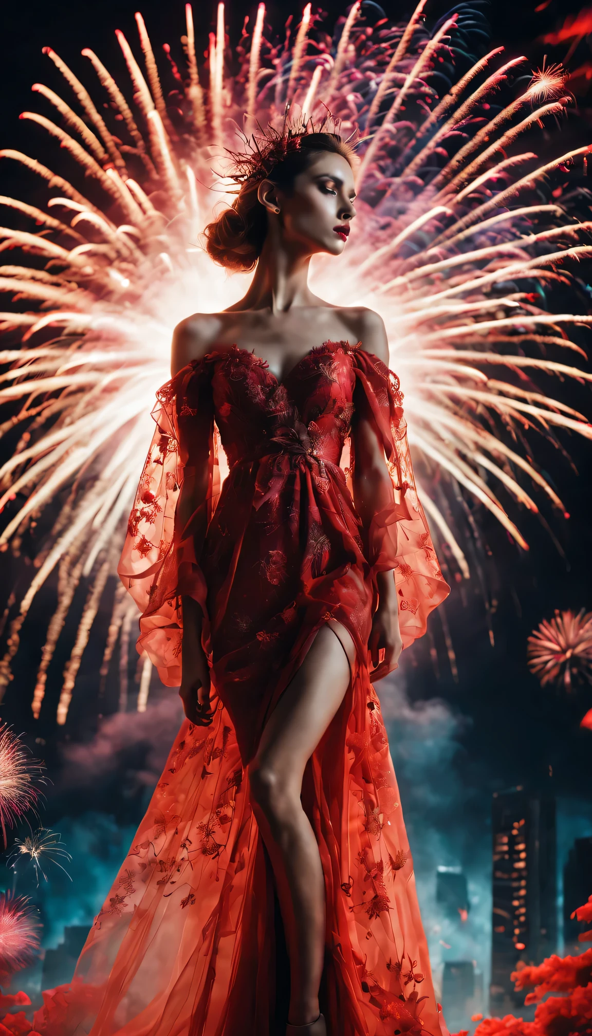 (Best quality,4K,8K,tall house,tmasterpiece:1.2),ultradetailed,(realistically,photo-realism,Photo fidelity:1.37),Beautiful Elf Queen,Spring dress,having fun,red tint,double exposure effect,dramatic lights,vivd coloong exposure technology,creative composition,artsy photography,hight contrast,abstract elements,emotionally captivating,Expressive eyes,soft focus,vague background,Beautiful lip details,multiple exposure,Different Perspectives、The city of the future,Silhouette of grand fireworks display。The texture is clear、overlay images、A harmonious blend of themes、art story、Surreal atmosphere、Experimental Technology、imaginative exploration、Artistic expression、Artistic interpretation、Creative experimentation、personal narrative、Layered composition、Ethereal aesthetics、Shocking visual impact、visual depth、magic realism、poetic atmosphere,Detailed and meticulous,visual poetry