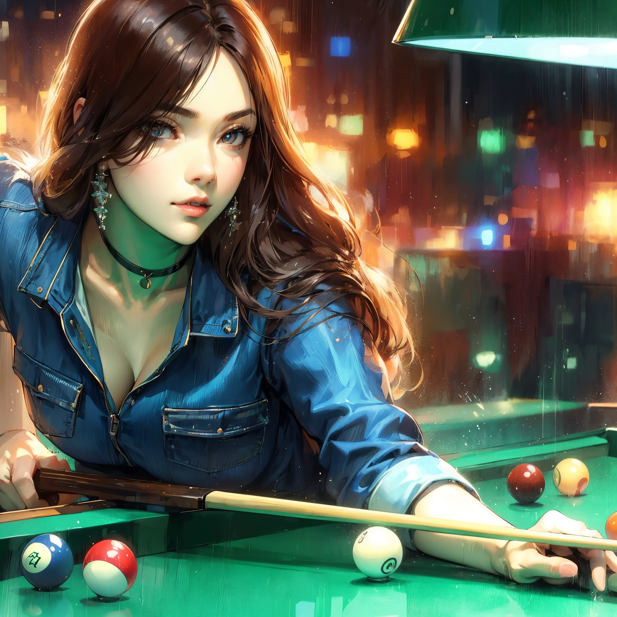 (Best Quality, masutepiece),ultra detailed photographic,1girl in, Women's billiard athlete ,Large breasts,nice legs, At billiard venue,Detailed beautiful face,Beautiful eyes,detailed hairs,detailed clothes,Detailed realistic skin,Cool,Dynamic Angle,