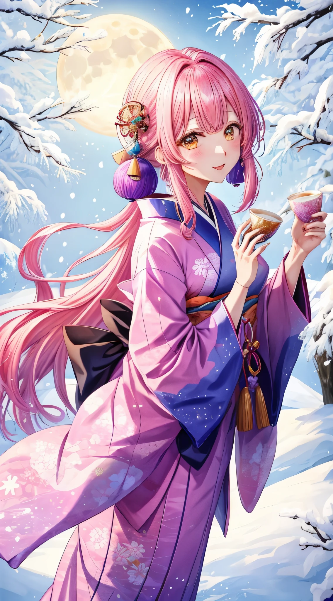 1 moon Kimono Yuki Yuki景色 花魁 Yukiだるま追加 Hair colorpink Dazzling A Japanese style snowscape