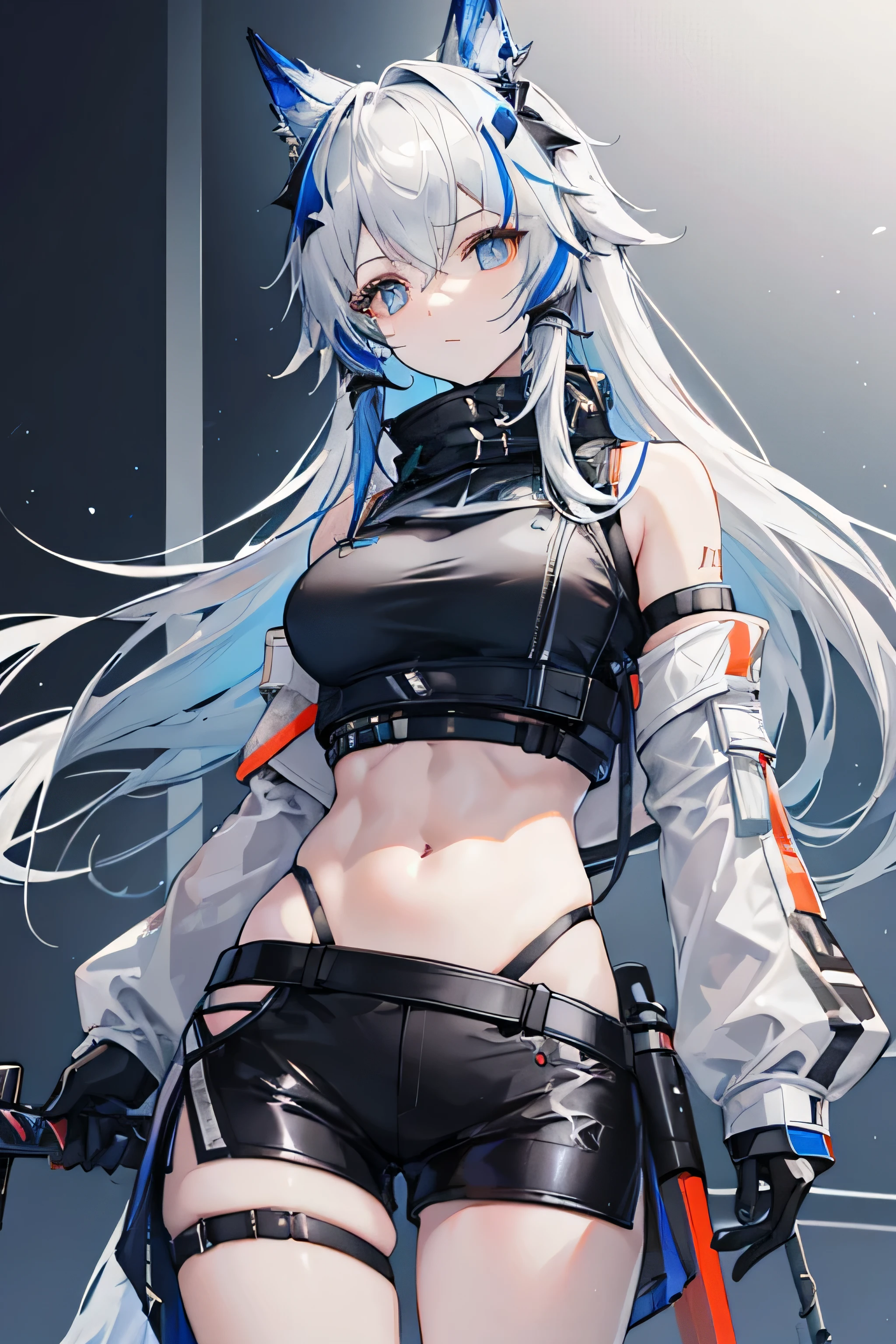 ((lappland(arknights)))　a cool　top-quality　hight resolution　Detailed description　Silver hair with highlights　Hairstyle is long　Outfit includes a gray tank top, black leather shacket, and black shorts.　Beautiful abs　in fighting　cut someone with a sword