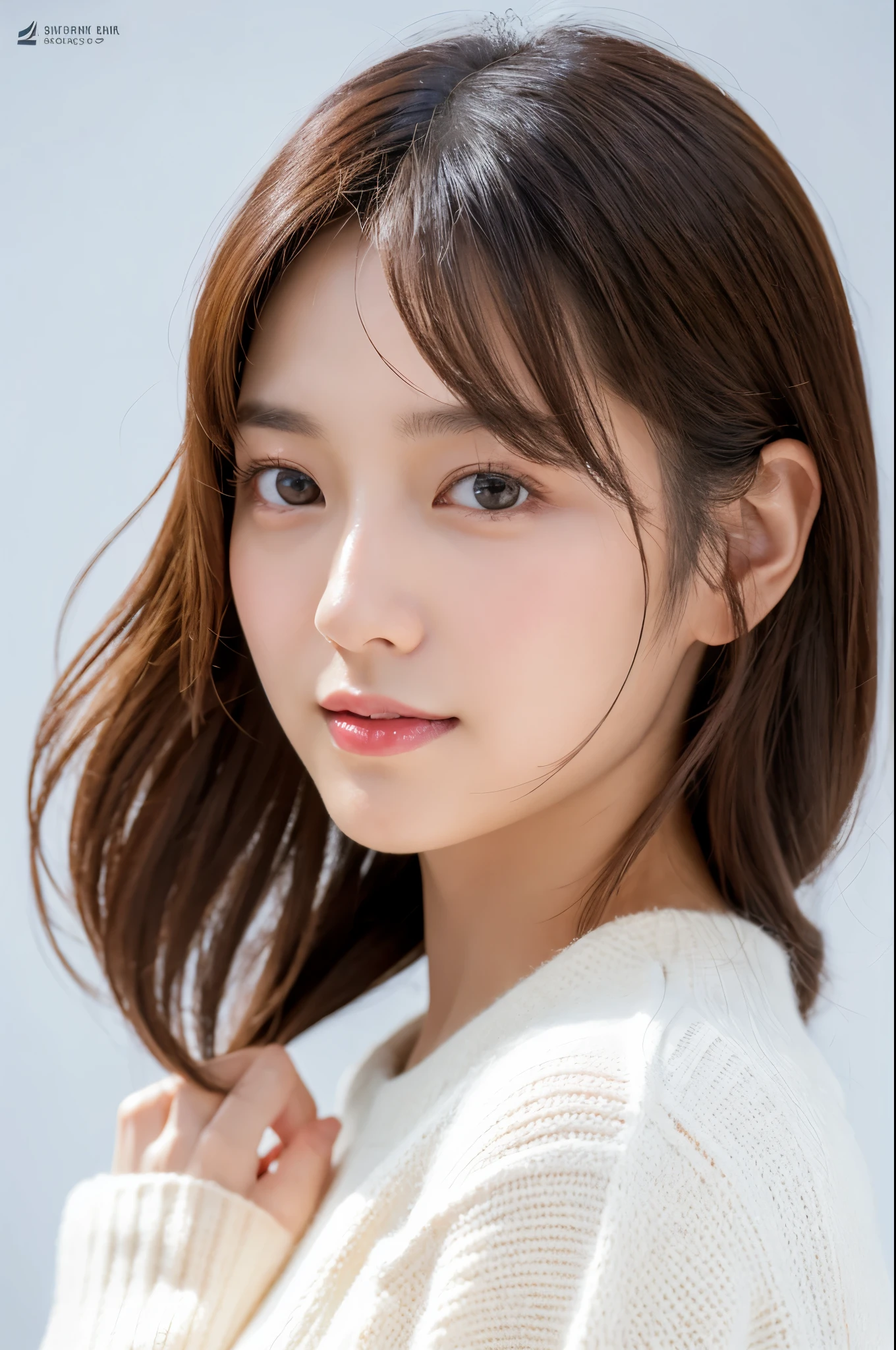 A Japanese Lady, 40s, White background, It features a simple背景, white-brown hair, slender, 4K, in 8K, High quality, Beauty, Beautiful eyes, It features a simple, High resolution,1 person,Beautiful skins,Beautiful skin,wearing a white knit,Winters,lipsticks,A slight smil,profile