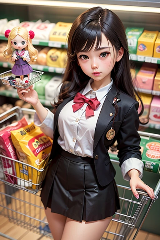 Beautiful and cute ball joy doll., Wearing a JK uniform, Charming poses, in the supermarket cart.