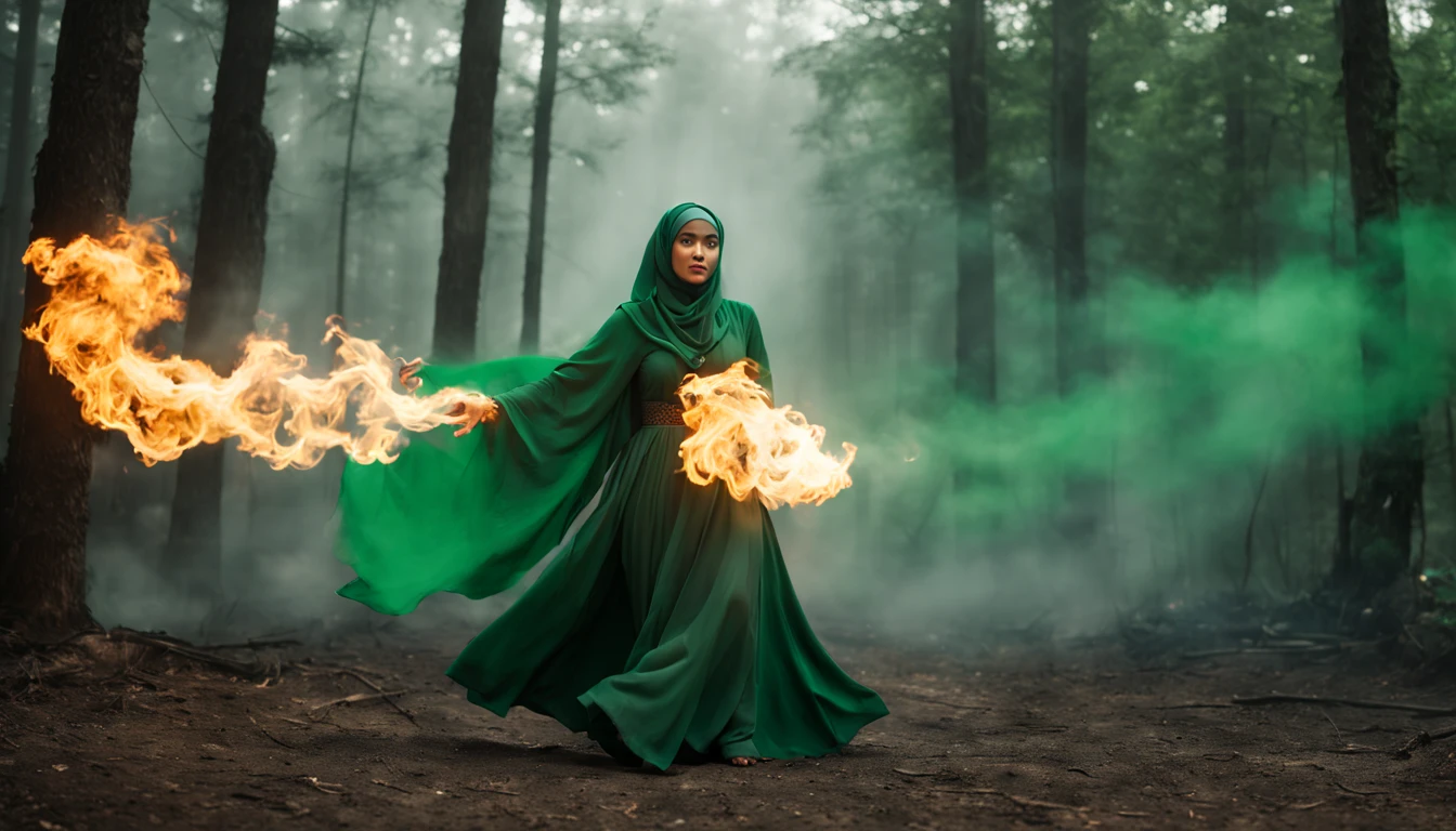 Shot of Sony FX30 35mm. "Zoom on body in motion portrait. Casting green fire magic in fog smoking forest. A beautiful hijabi Malay Women with green red fire on her hands. with ancient shining lighting necklace. Long gray hijab, silver laces with silver rings sweeping in wind motion, broad shoulders. Calm face, , thin brows over her eyes reflecting fire. Background with Big Dragon Fury. Some elements blurred in motion. Scene from fantasy movie. Special effects scene --ar 17:8 --style raw --stylize 300 " --v 6