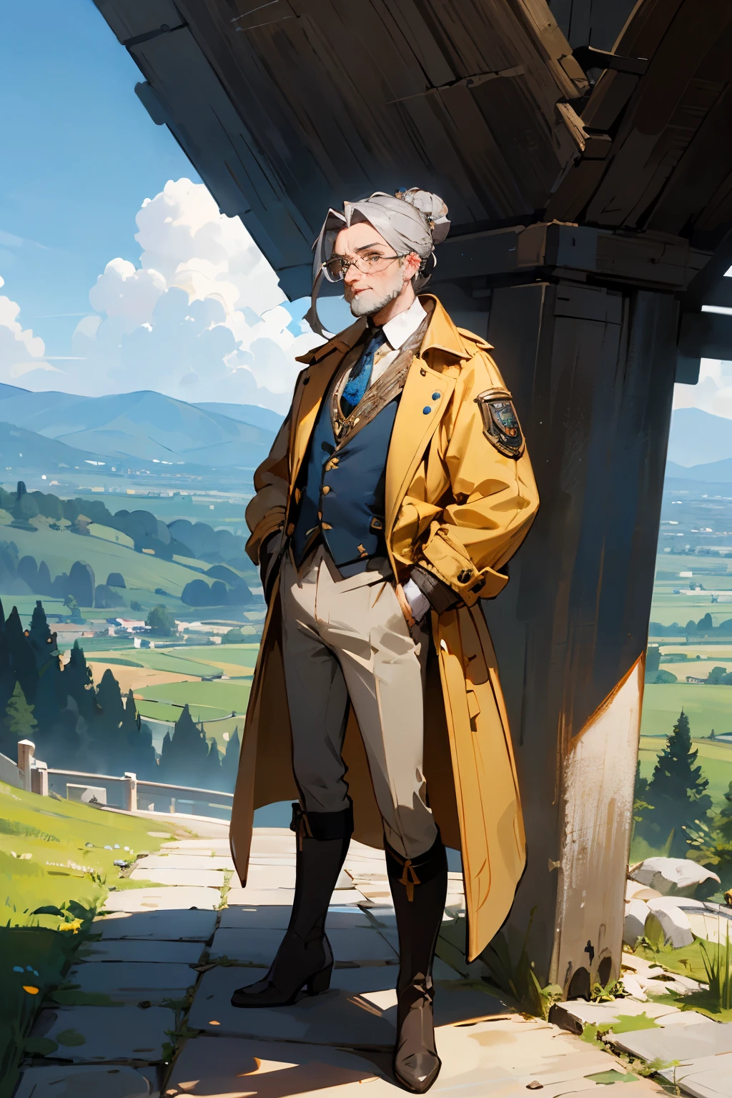 Sage in a modern yellow coat, gray hair on the head in a bun, hipster, shaved temples, medium sized beard, pince-nez steampunk, diamond pin in a tie, hands in pocket, thin in the shoulders, elongated body, big belly, blue high boots, striped knee socks, earring in the ear, sly look, an alchemist, old man, against the backdrop of a fabulous valley with mountains and rivers, waterfalls and meadows, ((Best Quality)), ((Masterpiece)), (Detailed), a perfect face