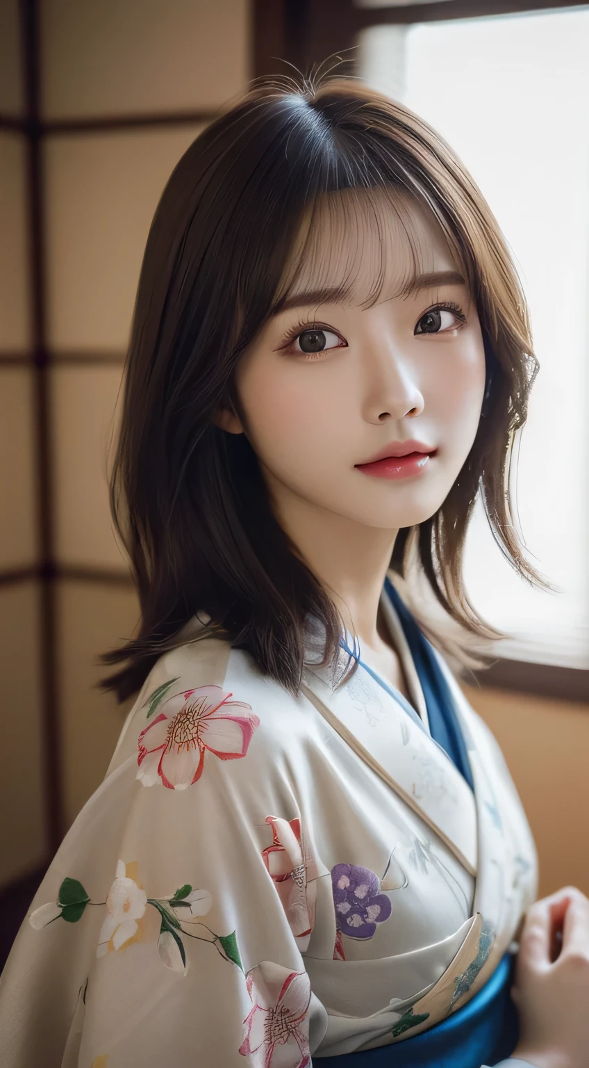 (Kimono)、(23years old)、inside in room、(top-quality,masterpiece:1.3,超A high resolution,),(ultra-detailliert,Caustics),(Photorealsitic:1.4,RAW shooting,)Ultra-realistic capture,A highly detailed,high-definition16Kfor human skin、 Skin texture is natural、The skin looks healthy with an even tone、 Use natural light and color、(One Woman)、japanes,,kawaii,A dark-haired,Middle hair,(depth of fields、chromatic abberation、Wide range of lighting、Natural Shading)