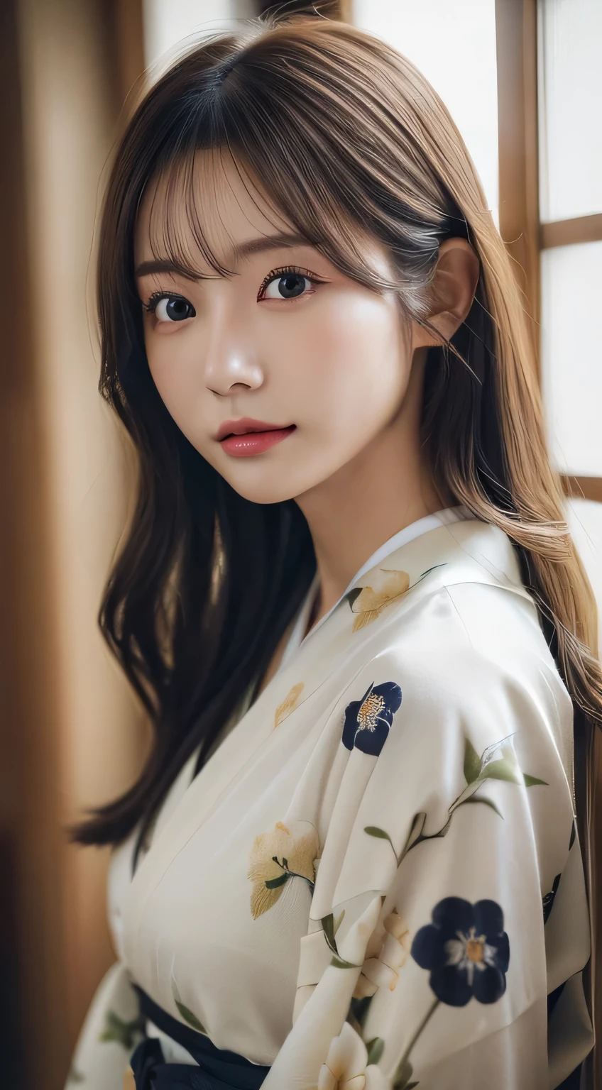 (Kimono)、(23years old)、inside in room、(top-quality,masterpiece:1.3,超A high resolution,),(ultra-detailliert,Caustics),(Photorealsitic:1.4,RAW shooting,)Ultra-realistic capture,A highly detailed,high-definition16Kfor human skin、 Skin texture is natural、The skin looks healthy with an even tone、 Use natural light and color、(One Woman)、japanes,,kawaii,A dark-haired,Middle hair,(depth of fields、chromatic abberation、Wide range of lighting、Natural Shading)
