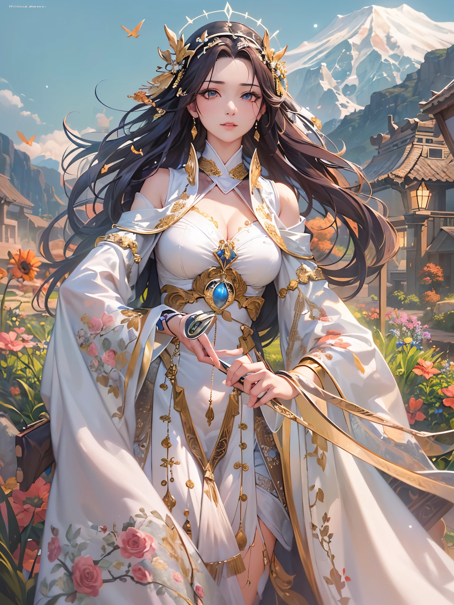 ((highest quality)),(ultra high resolution),(Super detailed),(detailed description),((best CG)),(best work of art),super precision art,amazing drawing art,(Chinese fantasy art with precise details:1.5), (1 female:1.5),(beautiful and well-shaped face:1.5),(cold eyes:1.5),(Hufu with intricate and detailed golden embroidery:1.6),(A circlet with sparkling gems embedded in it:1.4),dragon tattoo:1.1, (A meticulously detailed mountain range:1.4),(lightning:1.4),