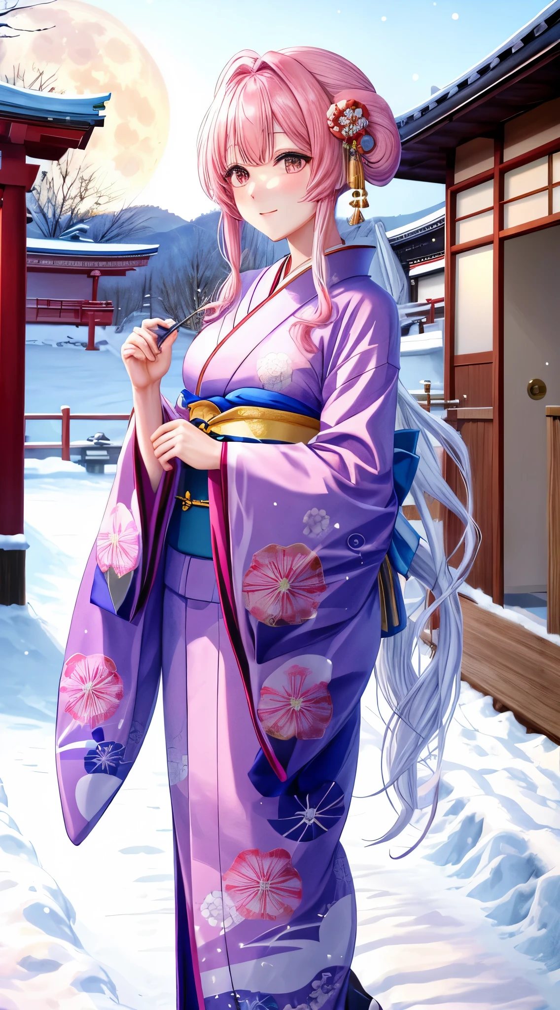 1 moon Kimono Yuki Yuki景色 花魁 Yukiだるま追加 Hair colorpink Dazzling A Japanese style snowscape shrines First visit