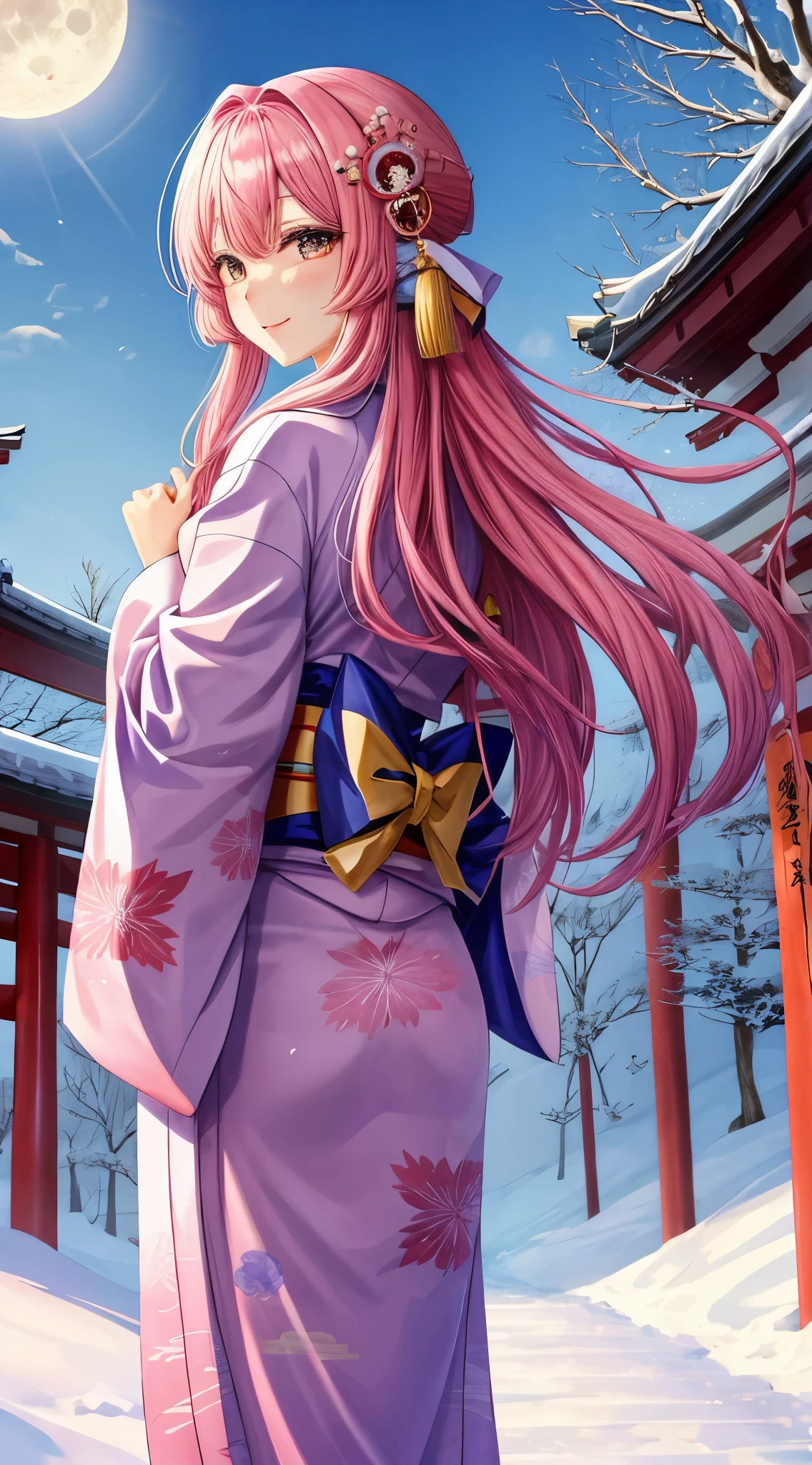 1 moon　Kimono　Yuki　Yuki景色　花魁　Yukiだるま追加　Hair colorpink　Dazzling　A Japanese style　snowscape　shrines　First visit