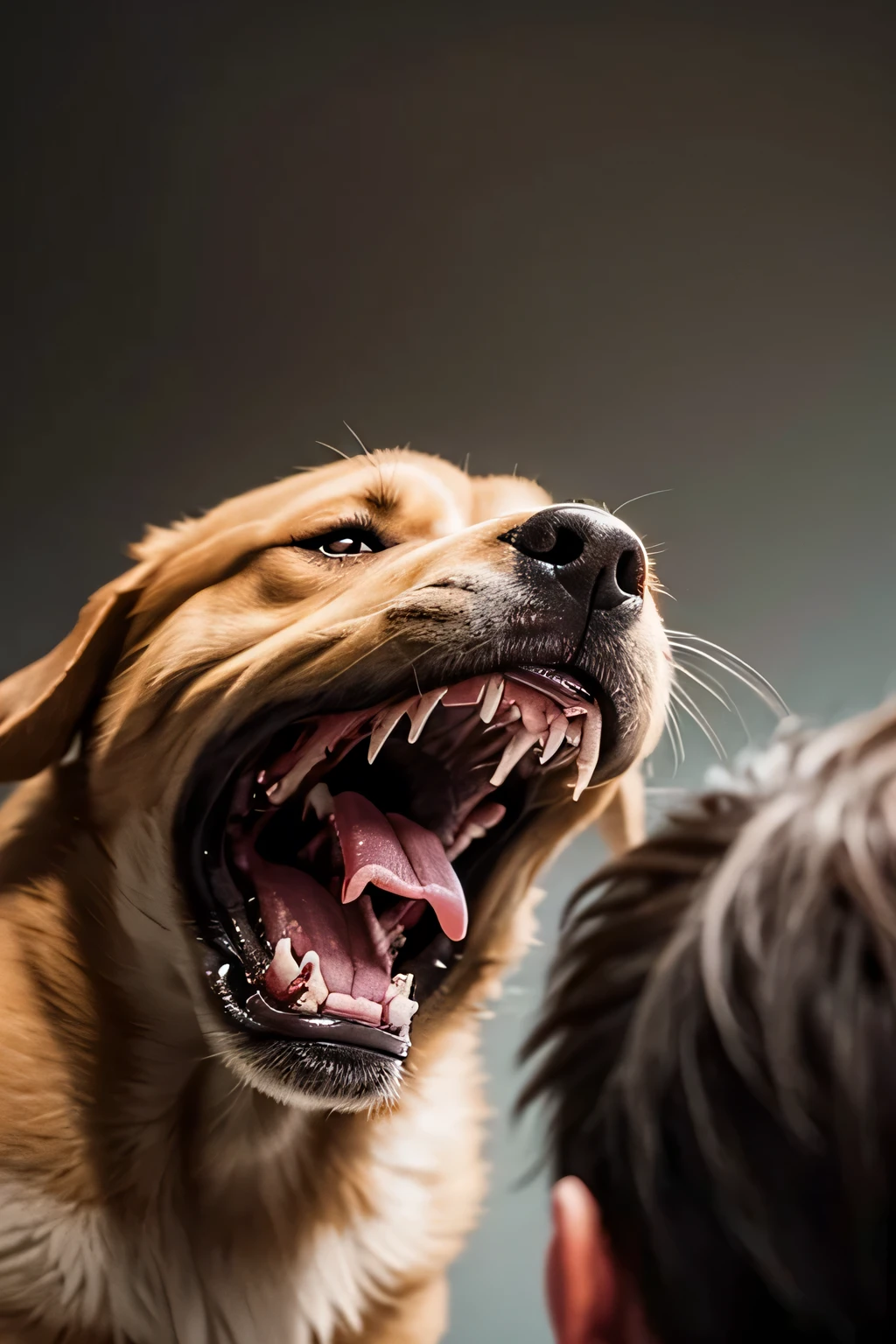 angry dog, trying to bite thehead of a man, blood