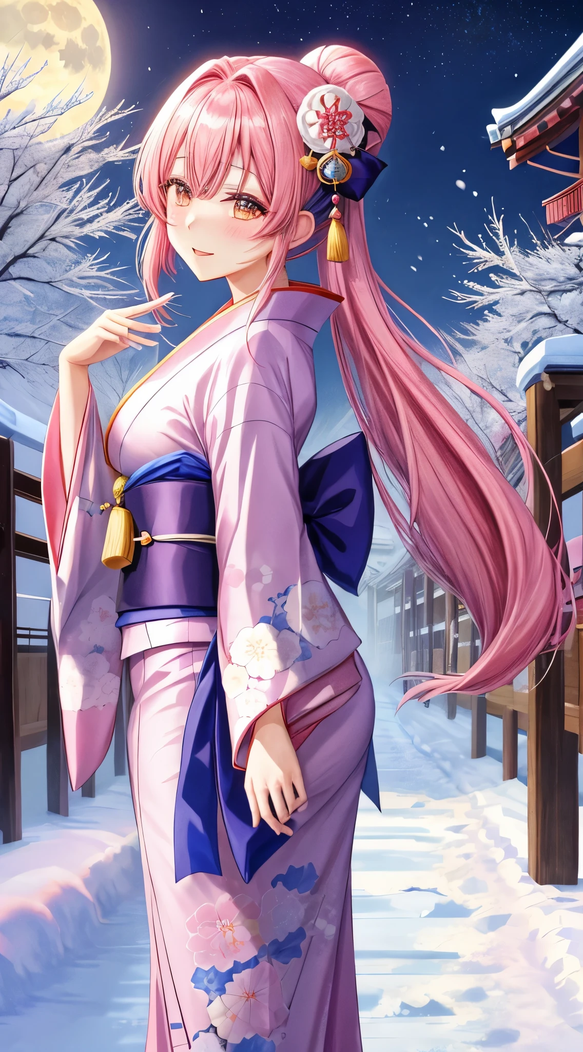 1 moon Kimono Yuki Yuki景色 花魁 Yukiだるま追加 Hair colorpink Dazzling A Japanese style snowscape frontage エロ