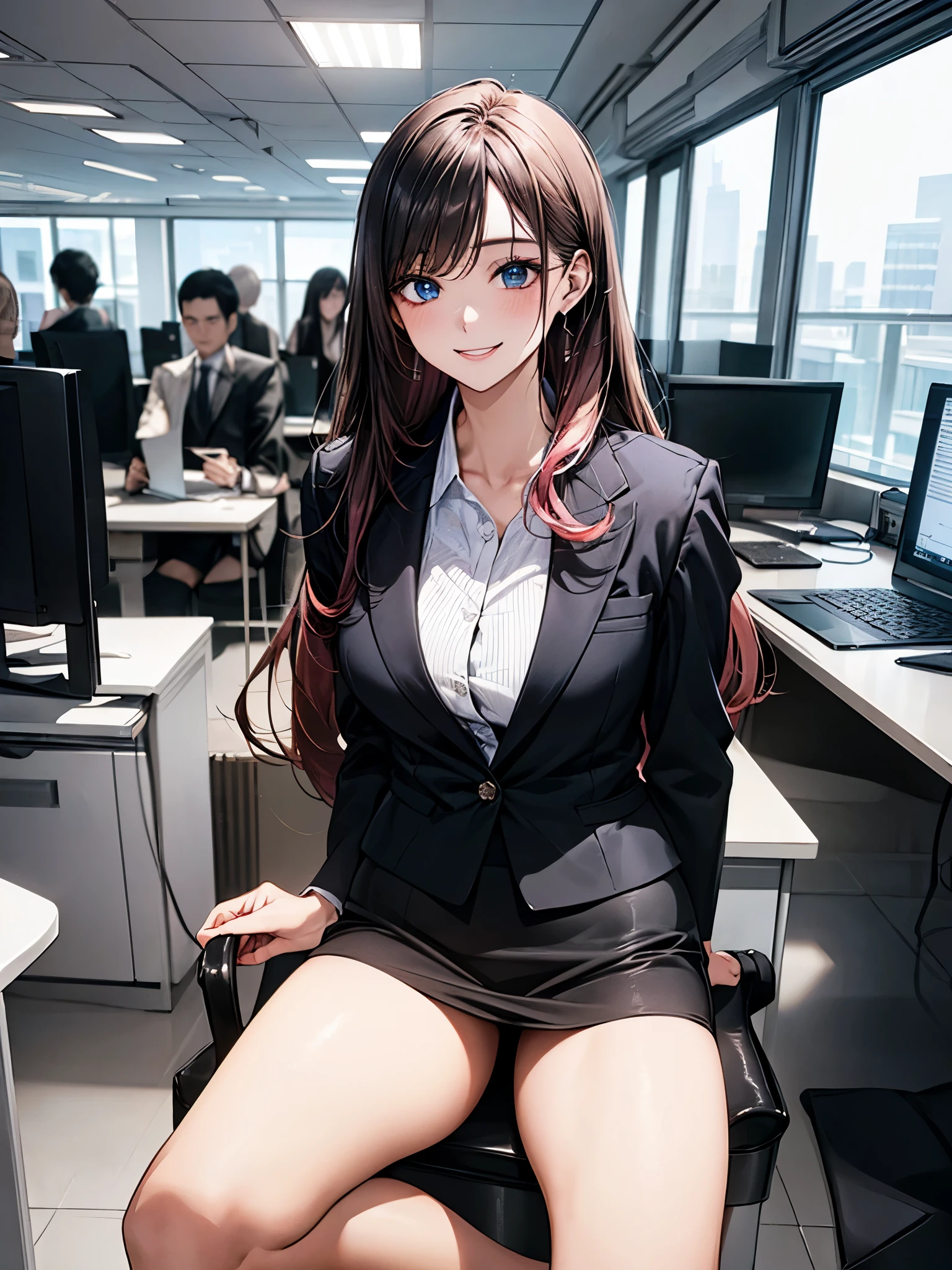 ((((perfect anatomy, super detailed skin)))), 1 girl, japanese, 17 years old, shiny skin, watching the view, 
beautiful hair, beautiful face, beautiful detailed eyes, blue eyes, (long hair:1.4, straight hair:1.7), light pink hair, right parted bangs,
beautiful clavicle, beautiful body, beautiful chest, beautiful thigh, beautiful legs, (large breasts:1.3), 
((long sleeves, white collared shirt, black suit jacket, black pencil mini skirt), id card, strap, black high heels), 
(beautiful scenery), office, window, desk, chair, computer, ceiling, ceiling light, sitting chair, (lovely smile:1.3)
(8k, top-quality, masterpiece​:1.2, extremely detailed), (photorealistic:1.2), sunlight, beautiful art, visual art, depth of fields, natural lighting,