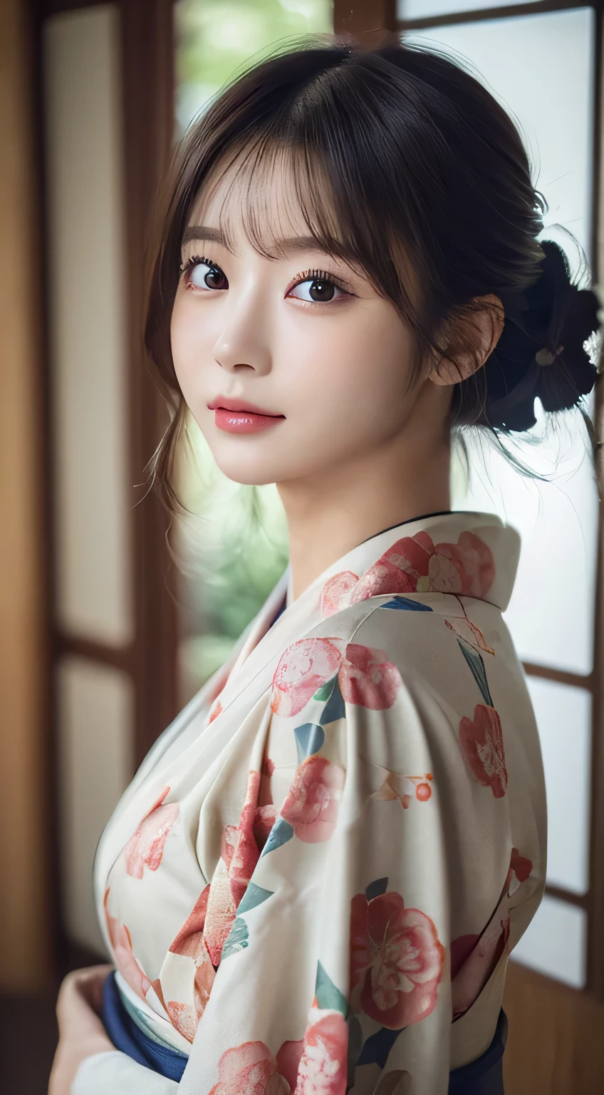((Kimono))、(age19)、inside in room、(top-quality,masterpiece:1.3,超A high resolution,),(ultra-detailliert,Caustics),(Photorealsitic:1.4,RAW shooting,)Ultra-realistic capture,A highly detailed,high-definition16Kfor human skin、 Skin texture is natural、The skin looks healthy with an even tone、 Use natural light and color、(One Woman)、japanes,,kawaii,A dark-haired,Middle hair,(depth of fields、chromatic abberation、Wide range of lighting、Natural Shading)