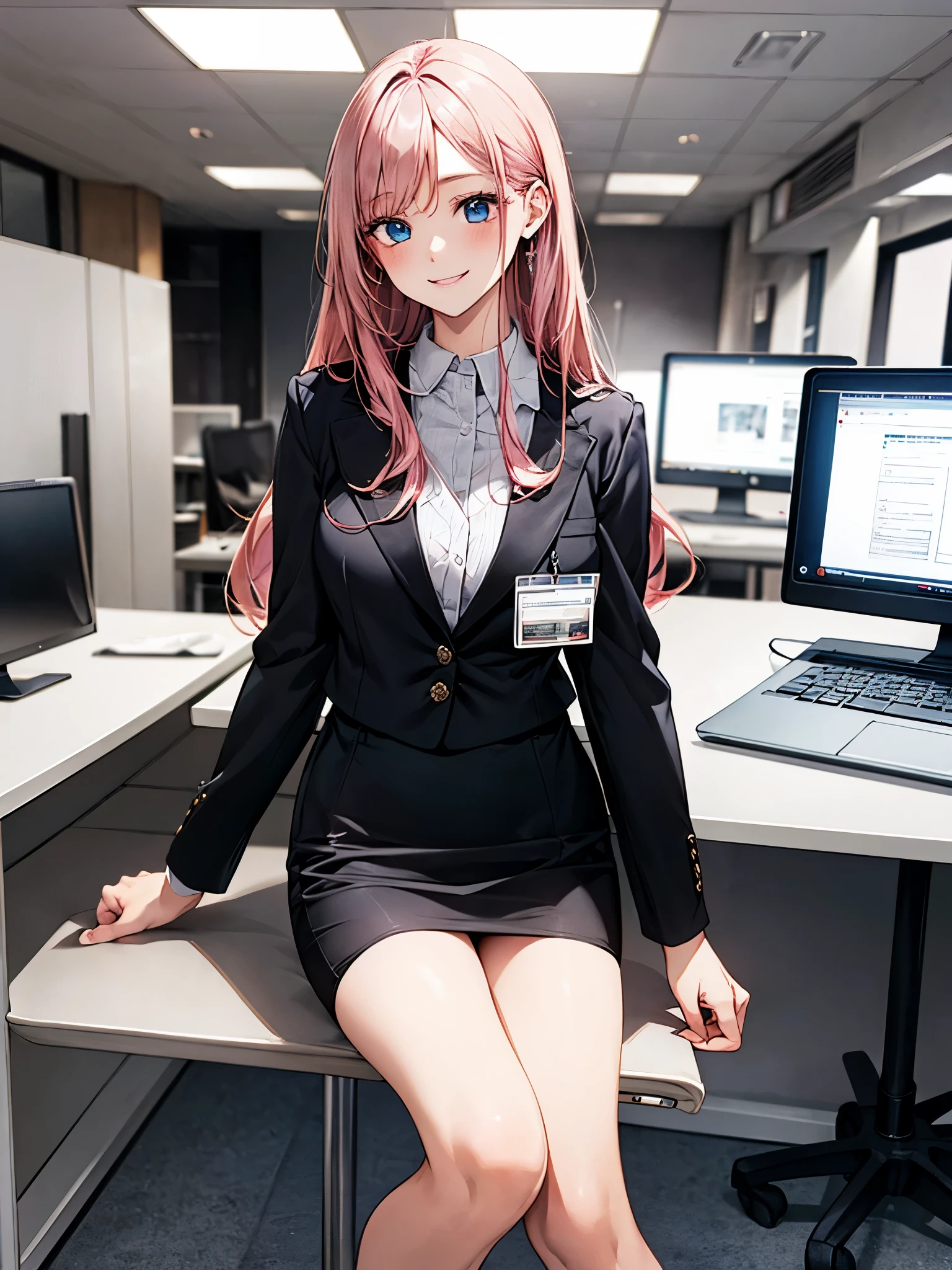 ((((perfect anatomy, super detailed skin)))), 1 girl, japanese, , shiny skin, watching the view,
beautiful hair, beautiful face, beautiful detailed eyes, blue eyes, (long hair:1.4, straight hair:1.7), light pink hair, right parted bangs,
beautiful clavicle, beautiful body, beautiful chest, beautiful thigh, beautiful legs, (large breasts:1.3),
((long sleeves, white collared shirt, black suit jacket, black pencil mini skirt), id card, strap, black high heels),
(beautiful scenery), office, window, desk, chair, computer, ceiling, ceiling light, sitting chair, (lovely smile:1.3)
(8k, top-quality, masterpiece:1.2, extremely detailed), (photorealistic:1.2), sunlight, beautiful art, visual art, depth of fields, natural lighting,