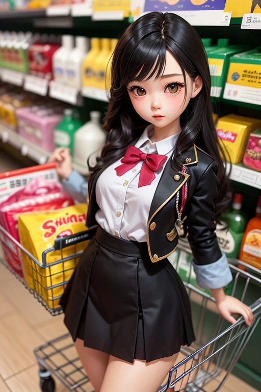 Beautiful and cute 1/bjd doll 4 sizes, Wear a Japanese high school uniform., Charming poses, in the supermarket cart.