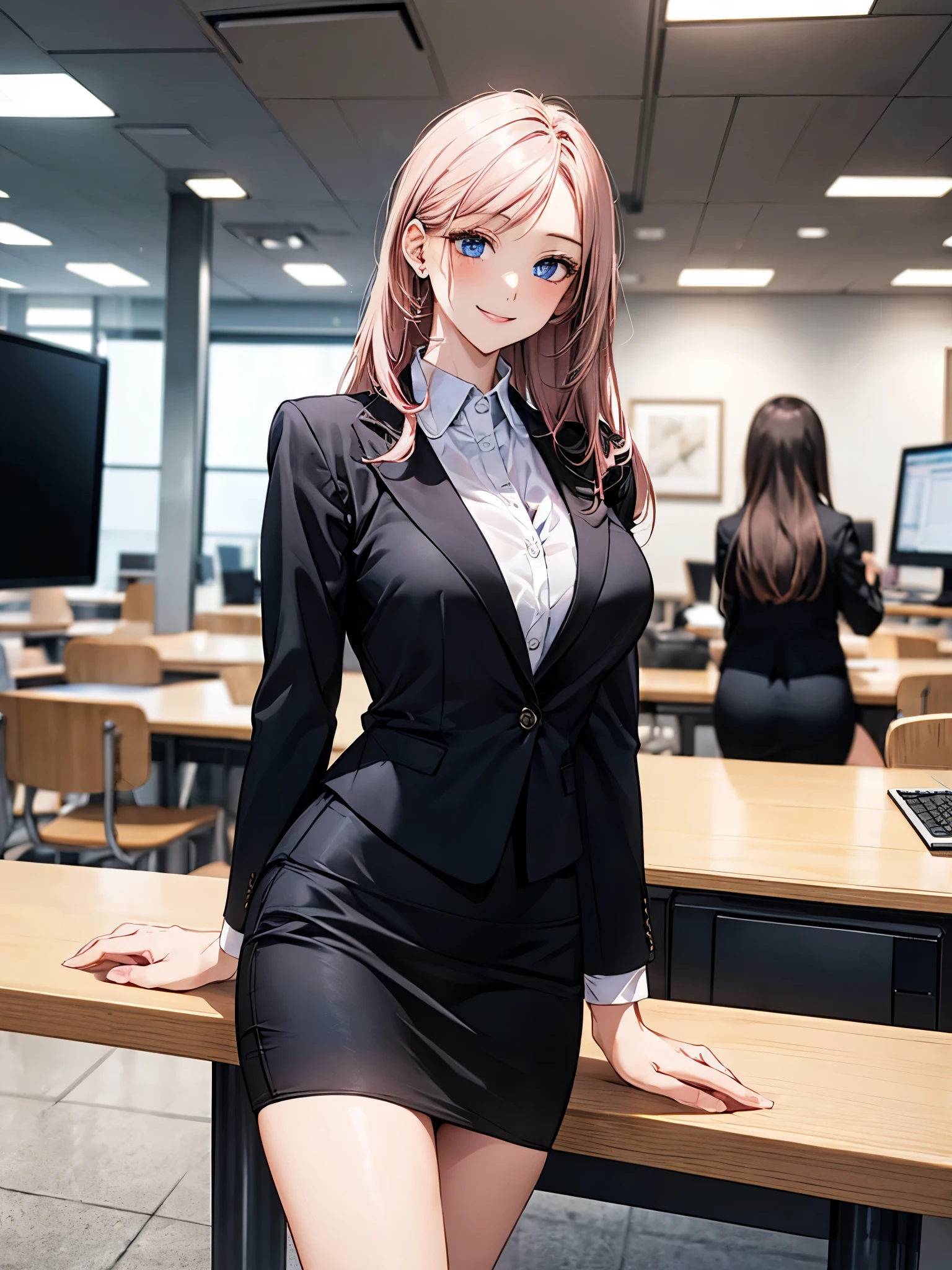 ((((perfect anatomy, super detailed skin)))), 1 girl, japanese, , shiny skin, watching the view,
beautiful hair, beautiful face, beautiful detailed eyes, blue eyes, (long hair:1.4, straight hair:1.7), light pink hair, right parted bangs,
beautiful clavicle, beautiful body, beautiful chest, beautiful thigh, beautiful legs, (large breasts:1.3),
((long sleeves, white collared shirt, black suit jacket, black pencil mini skirt), id card, strap, black high heels),
(beautiful scenery), office, window, desk, chair, computer, ceiling, ceiling light, sitting chair, (lovely smile:1.3)
(8k, top-quality, masterpiece:1.2, extremely detailed), (photorealistic:1.2), sunlight, beautiful art, visual art, depth of fields, natural lighting,