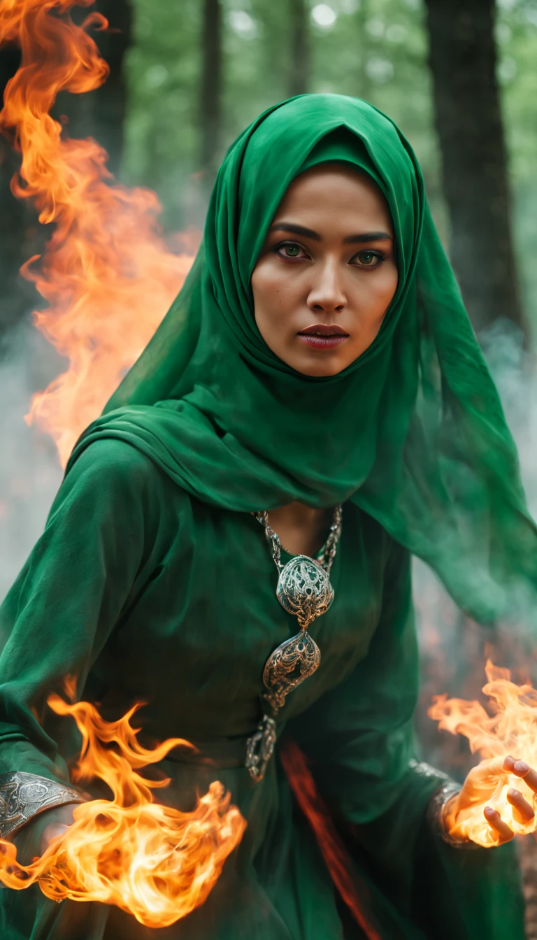 Shot of Sony FX30 35mm. "Zoom on body in motion portrait. Casting green fire magic in fog smoking forest. A beautiful hijabi Malay Women with green red fire on her hands. with ancient shining lighting necklace. Long gray hijab, silver laces with silver rings sweeping in wind motion, broad shoulders. Calm face, , thin brows over her eyes reflecting fire. Background with Big Dragon Fury. Some elements blurred in motion. Scene from fantasy movie. Special effects scene --ar 17:8 --style raw --stylize 300 " --v 6