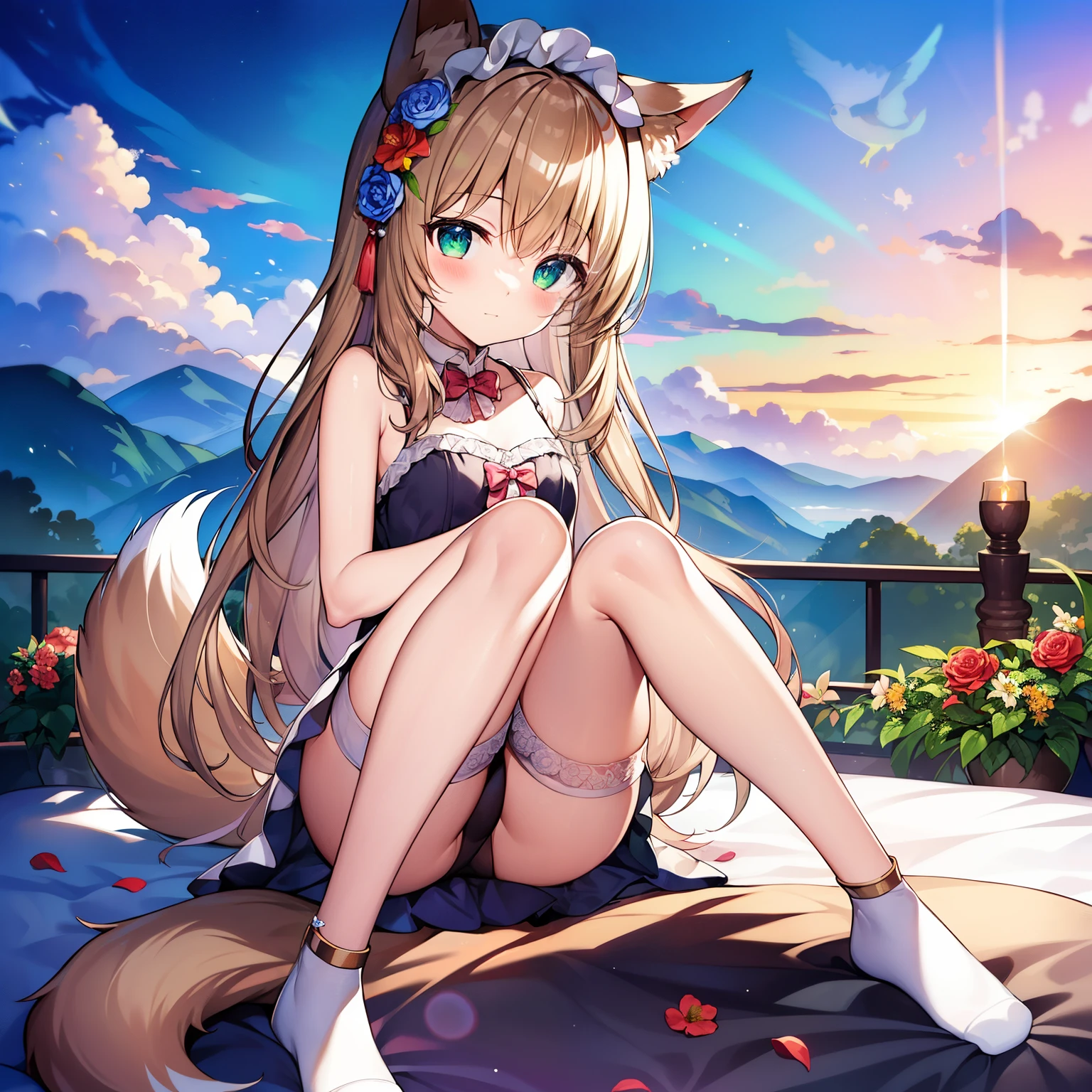 (tmasterpiece, Best quality, A high resolution), 1 girl, Alone,  The large, Soft fox tail，A pair of fox ears，Green-eyed，(Brown hair long)，Small flower headdress, (9 years old_Cute loli)，small tit，摩洛解放阵线，In bed at home，