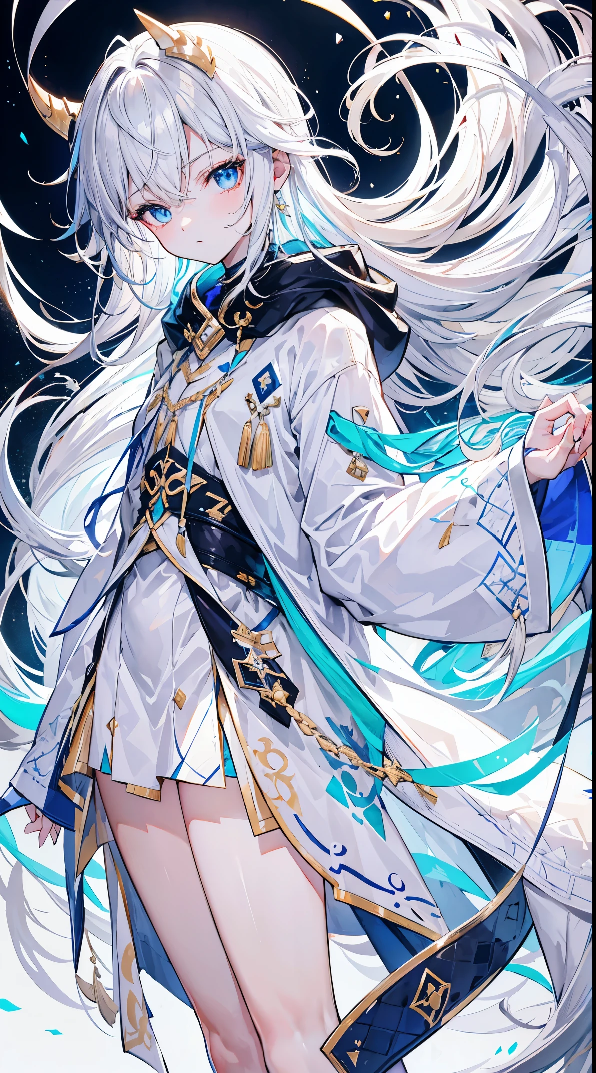 best qualtiy、On the table、The face is perfect、8K high resolution、(1 boy), and soul, and soulの男の子, White the头发, Long whit hair、light blue eyes, Wear longer, White the, open top coat, Fixed black waistband、was wearing a White the hood, White the and gold outline, Other upper back wear Ichijo Kinryo, Serious, 8K, tall, and soul、 Full body illustration,