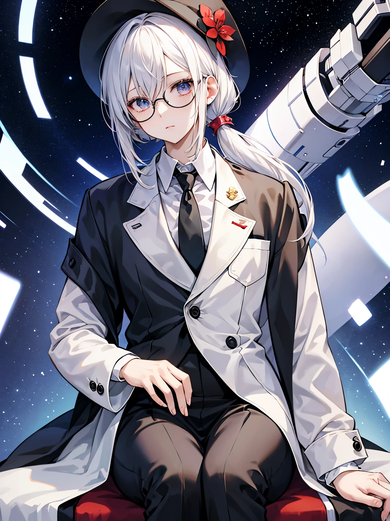 (masutepiece)(high-detail)20s male android、One、white hair、poneyTail、Hats、tailcoat、neck tie、He wears round glasses with no rims、Sitting on a chair、Bandaging the leg、Background with(An electronic world that feels like science fiction、A space that feels like inside a machine、Virtual space、near future、Darker)