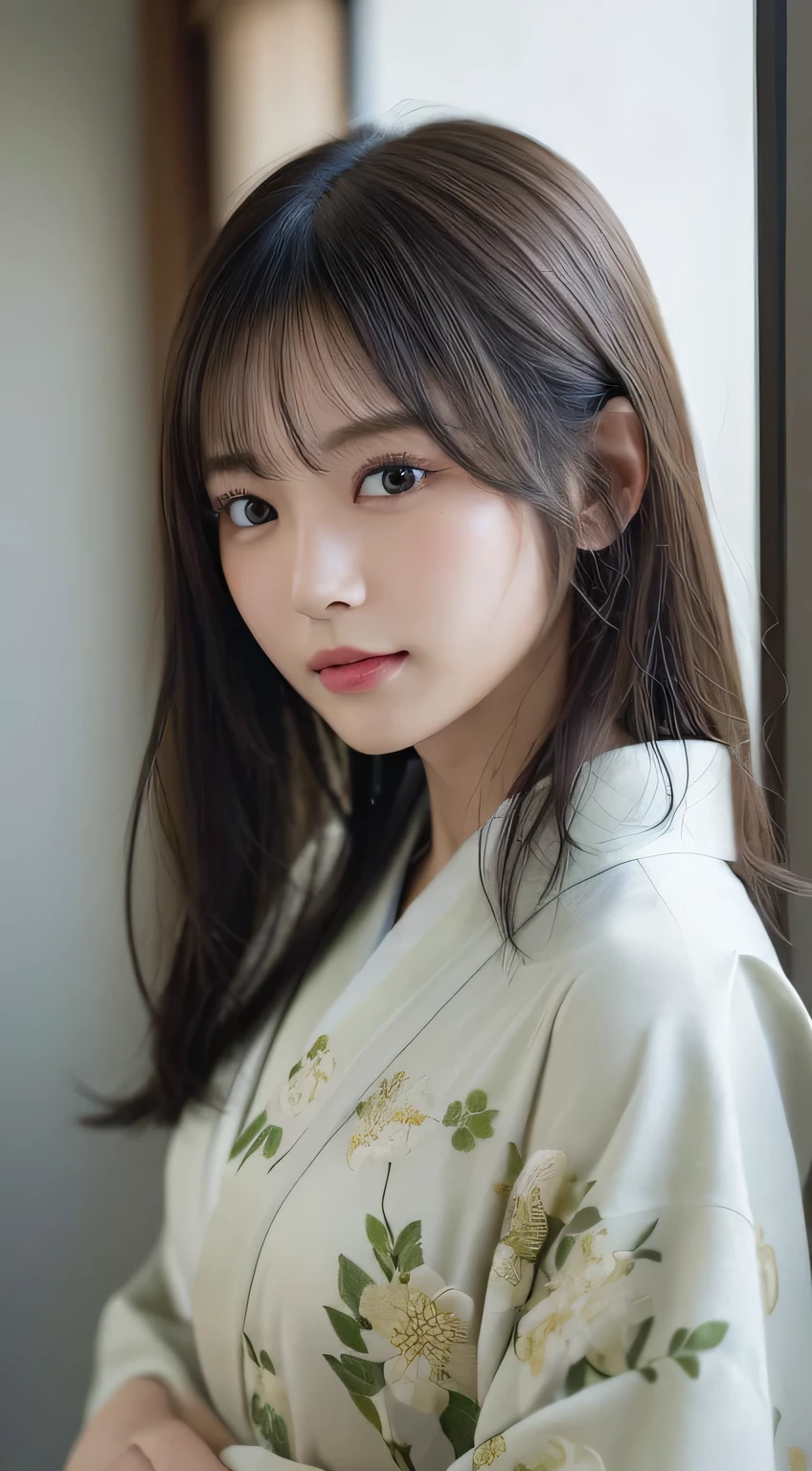 (Kimono）、(33yo)、inside in room、(top-quality,​masterpiece:1.3,超A high resolution,),(ultra-detailliert,Caustics),(Photorealsitic:1.4,RAW shooting,)Ultra-realistic capture,A highly detailed,high-definition16Kfor human skin、 Skin texture is natural、、The skin looks healthy with an even tone、 Use natural light and color、(One Woman)、japanes,,kawaii,A dark-haired,Middle hair,(depth of fields、chromatic abberation、、Wide range of lighting、Natural Shading、)、