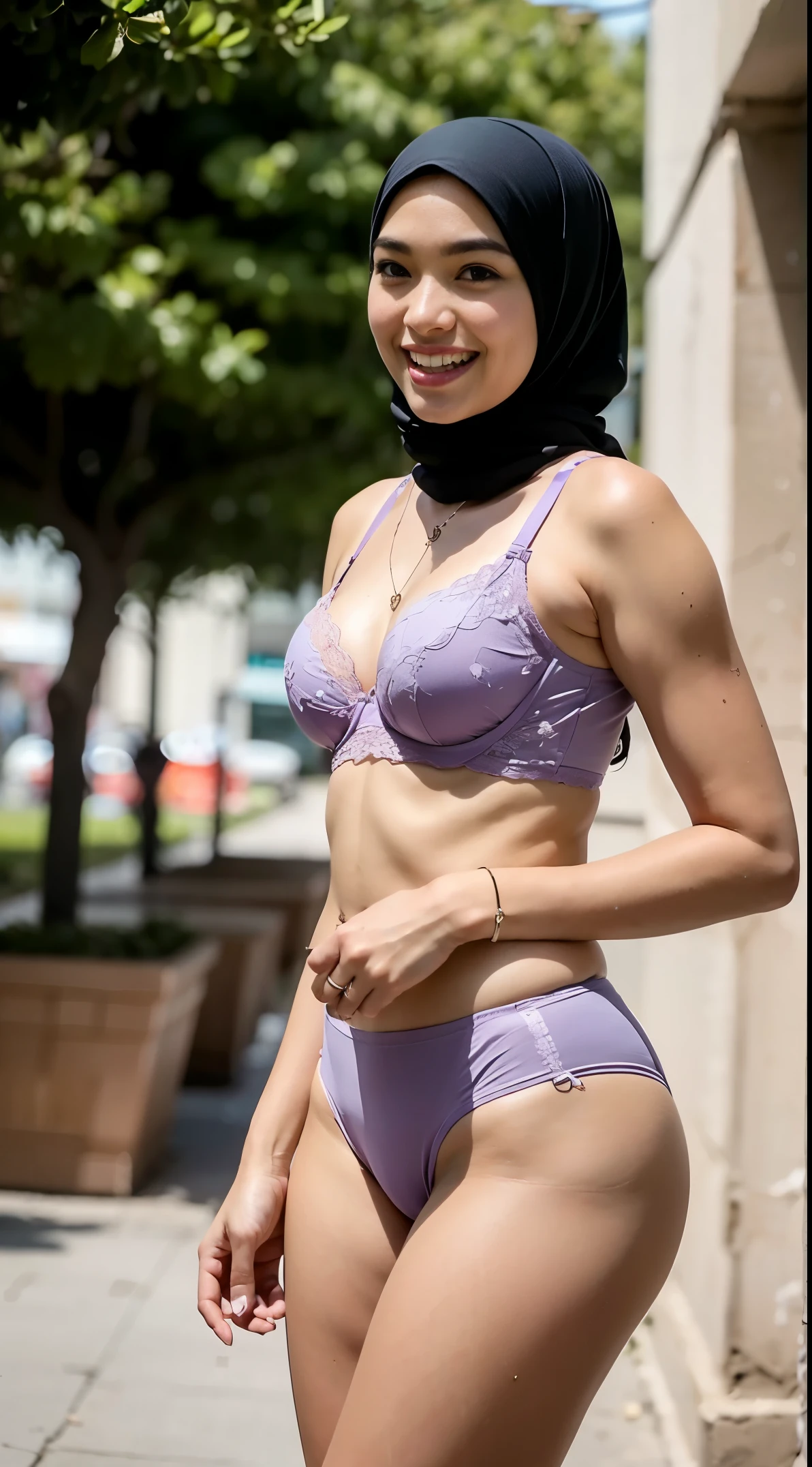 1 malay woman in hijab,(( ultra-thin light purple floral lace bra and panties)),(large buttocks),Emphasize ass,Smaller chest, laughing smile, (hijab flying), de pele branca,big breasts thin waist, egypt style street, Hyper-Realism, Cinematic lighting, depth of fields, From below, vanishing point, F/2.8, Anatomically correct, Textured skin, Super Detail, awardwinning, Best Quality, hight resolution, 8k,