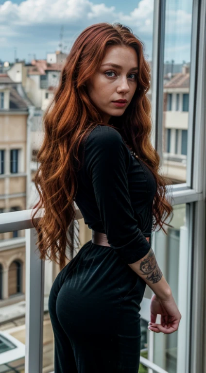 raw photo,wide angle lens,a French girl with long wavy red hair in a balcony,hair parted in the middle, realistic face,wearing makeup,lipstick,black jumpsuit,blackless,big round ass,bubble ass,blue eyes, tattooed, full body photo, masterpiece, extremely detailed eyes, intricate details, perfect body, best hands, high quality, ultra detailed face, high definition, hyper detailed,HDR, 8k, uhd, dslr, extreme skin details, natural lighting, 35mm, cinema photography, FujiFilm XT3, ultra-realistic