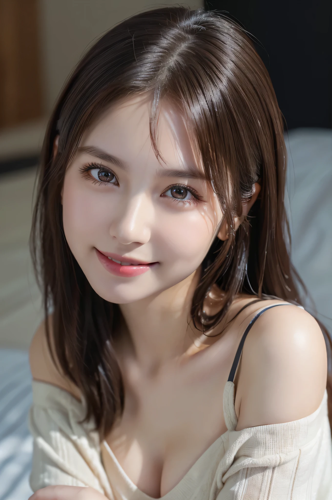 Night, Raw photography, (((Very beautiful portrait))), (Very beautiful portrait))), 1 girl, Sexy 25 year old girl, ((Short-cut natural brown hair)), [Brown eyes],Gentle smile staring at the camera(cleavage), ((masutepiece, Best Quality, Ultra Detail,...