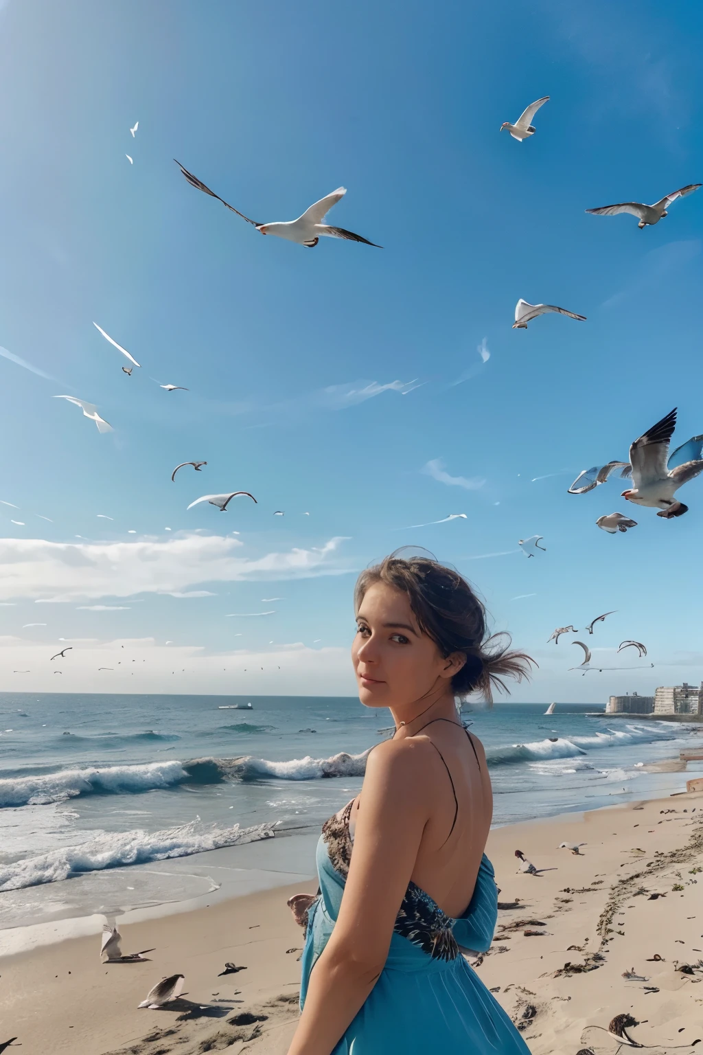 there are many birds flying over a woman on the beach, seagulls, bird flocks!!, with great birds, over-shoulder shot, helicopters and tremendous birds, holding electricity and birds, photo shot, wildlife, focused shot, birds overhead, the photo shows a large, by Susan Heidi, over-the-shoulder shot, phot, wide shot photo