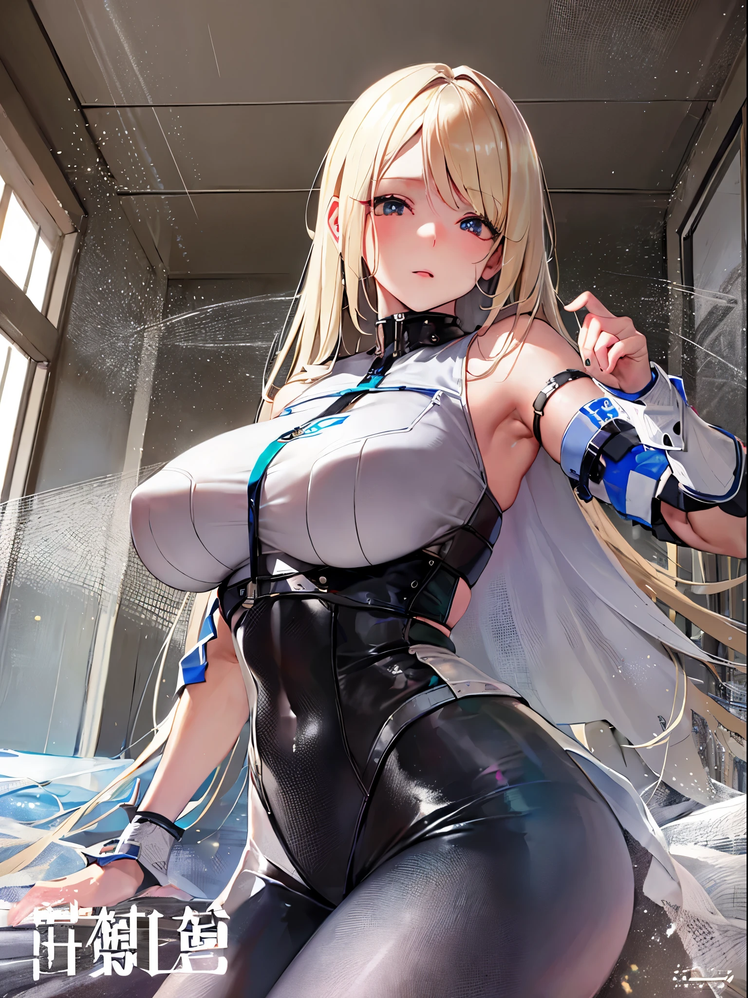 top-quality、realistic touch,high-detail、photoRealstic、thin-waist、captive beauty、big eye、solid platinum-blonde eyelashes、platinum-blonde、full body Esbian、Sparkling eyes, cheeks flushed、thin-waist、In the classroom of the school、She is in estrus、cocky expression、Super short skirt with V-line visible、Sleeveless、Sexy Bodysuit、Colossal tits、big butts、Angle from below、sexy pose、Clothes that are thin and see-through、