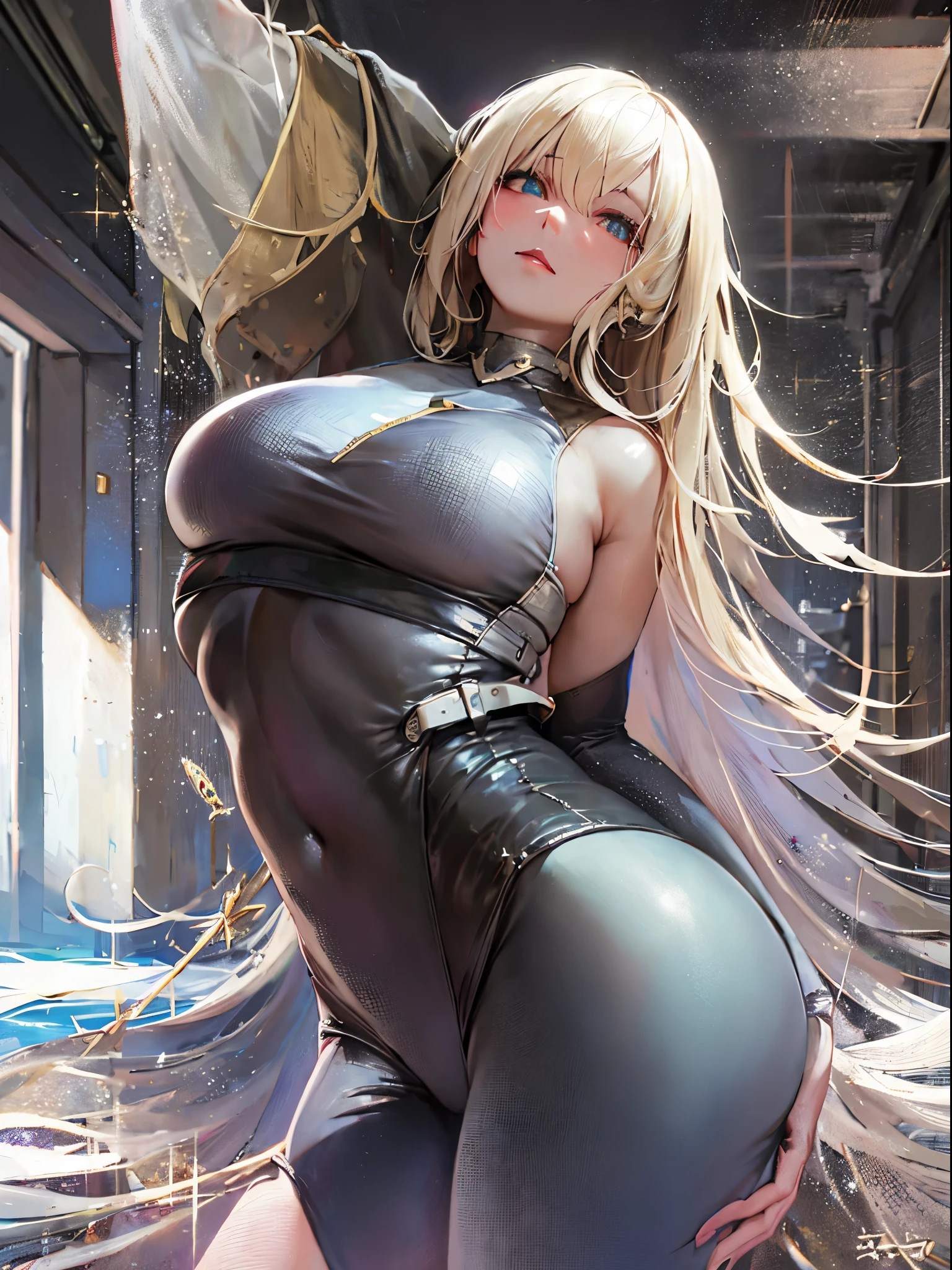 top-quality、realistic touch,high-detail、photoRealstic、thin-waist、captive beauty、big eye、solid platinum-blonde eyelashes、platinum-blonde、full body Esbian、Sparkling eyes, cheeks flushed、thin-waist、In the classroom of the school、She is in estrus、cocky expression、Super short skirt with V-line visible、Sleeveless、Sexy Bodysuit、Colossal tits、big butts、Angle from below、sexy pose、Clothes that are thin and see-through、
