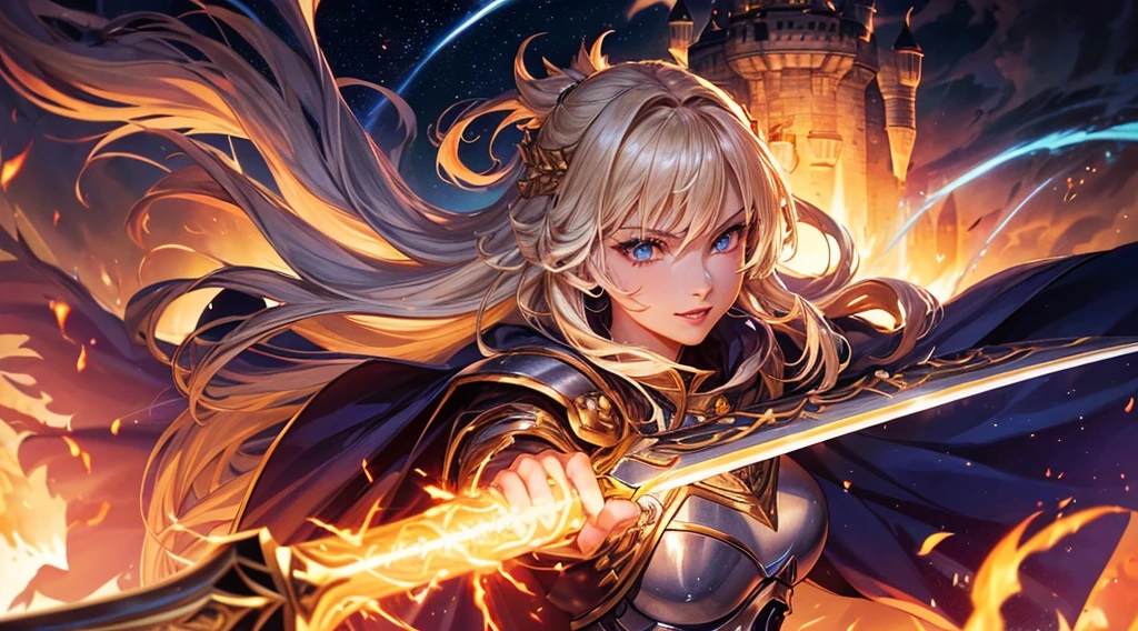 masterpiece,best quality,ultra detailed,(1 Female Knight),(Equip a shinning sword),(Equip a cloak),(rage:0.6),(smile:0.9),upper body shot,blonde hair,long hair,blue eye,straight hair,(floating hair),(flame:1.4),(sunrise),(((Castle))),(Shimmering Nightscapes),(Cosmic Whirl),(((Powerful pose))),(Explosion:1.2),(full lips:1.3),(Twinkling Spectacle)