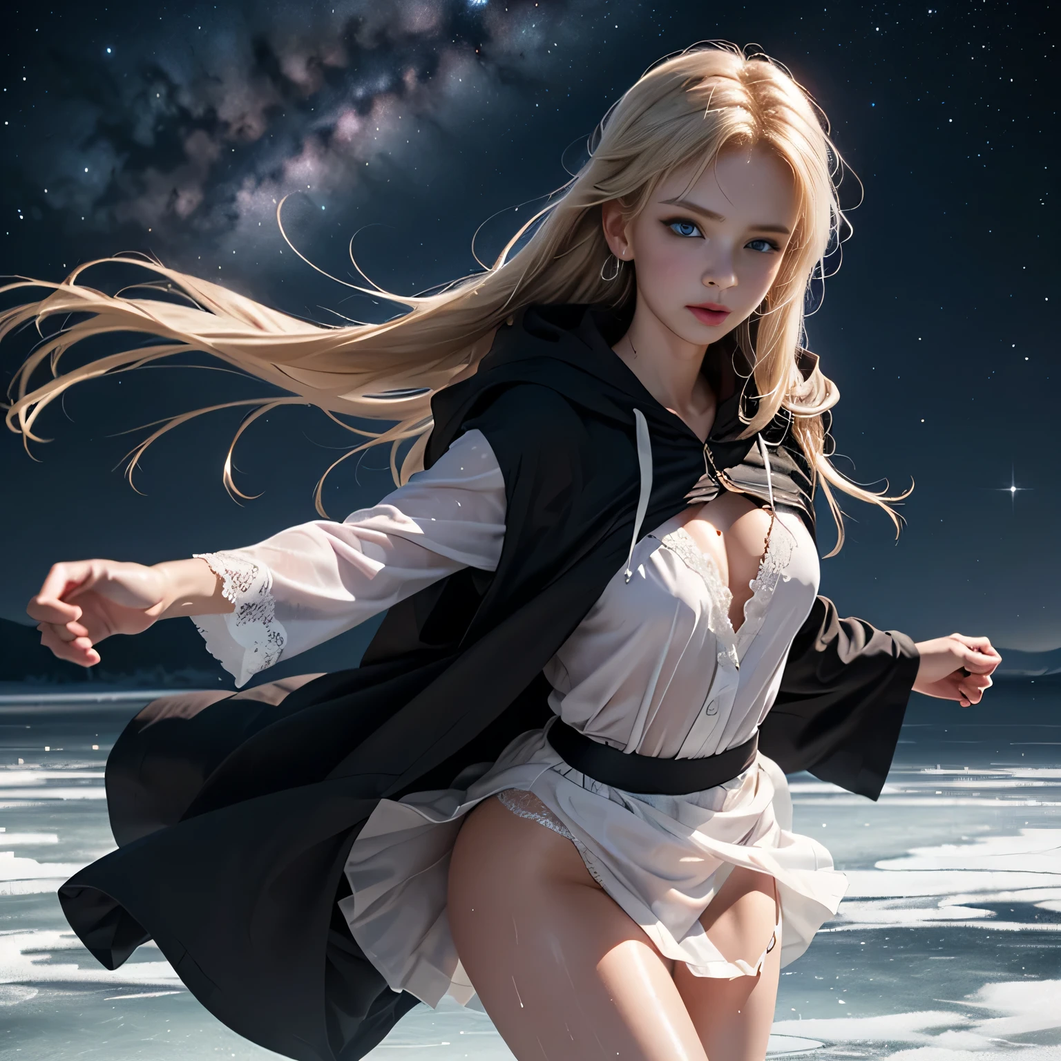 (Beautiful girl on a frozen lake covered with hoarfrost),1womanl、(Super beautiful)、(beauitful face:1.5)、(A detailed face:1.5)、(A detailed eye:1.1)、(Detailed lips:1.1)、(Detailed nose:1.1)、(Beautiful Russians)、(a blond)、(blue eyess)、(Doing figure skating)、(anatomically correct movements:1.1)、(Purple robe),、(White panties under the skirt:1.3)、(Bare legs:1.1)、(Dressing)、(starrysky、You can see the Milky Way)(she is soaking wet)、Sweating,(wearing the hood of a black gown)