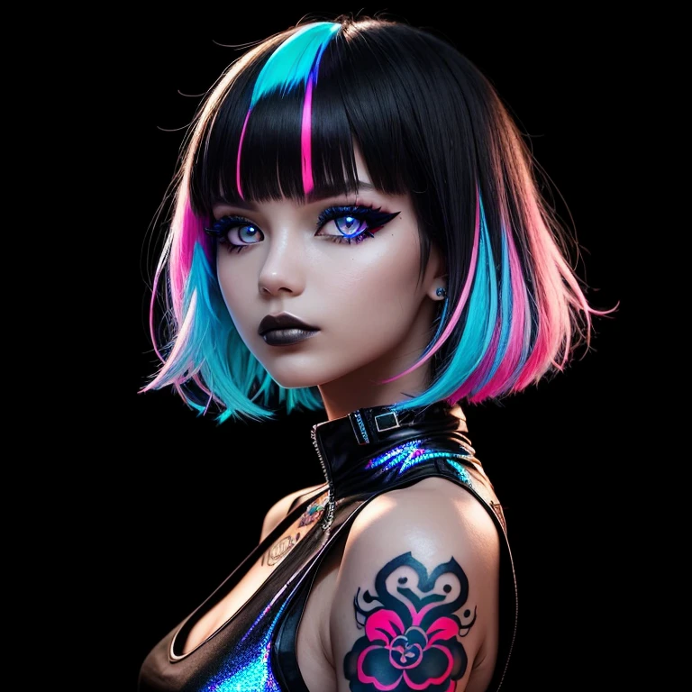 This pretty girl with bright, synthography-style eyes has short, vibrant hair, carefully styled in tons of pastel blue and pink. Her intense gaze is underscored by her multi-colored irises, which seem to illuminate the atmosphere. Her skin is smooth and translucent, with slight futuristic elements incorporated, like small glows on your face. Ela uses a soft makeup, with subtle neon touches that enhance your captivating expression. Her style is bold and avant-garde, with clothes that mix technological elements and a retro touch, like a metallic dress and holographic boots. An aura of creativity and curiosity surrounds, turning into an inspiring figure in the world of art and technology, (dark plain black background:1.4)), (master part), high quality, 1girl, Woman, tattoo, Irezumi, depth of field, dynamic lighting, high quality shadows, white hair