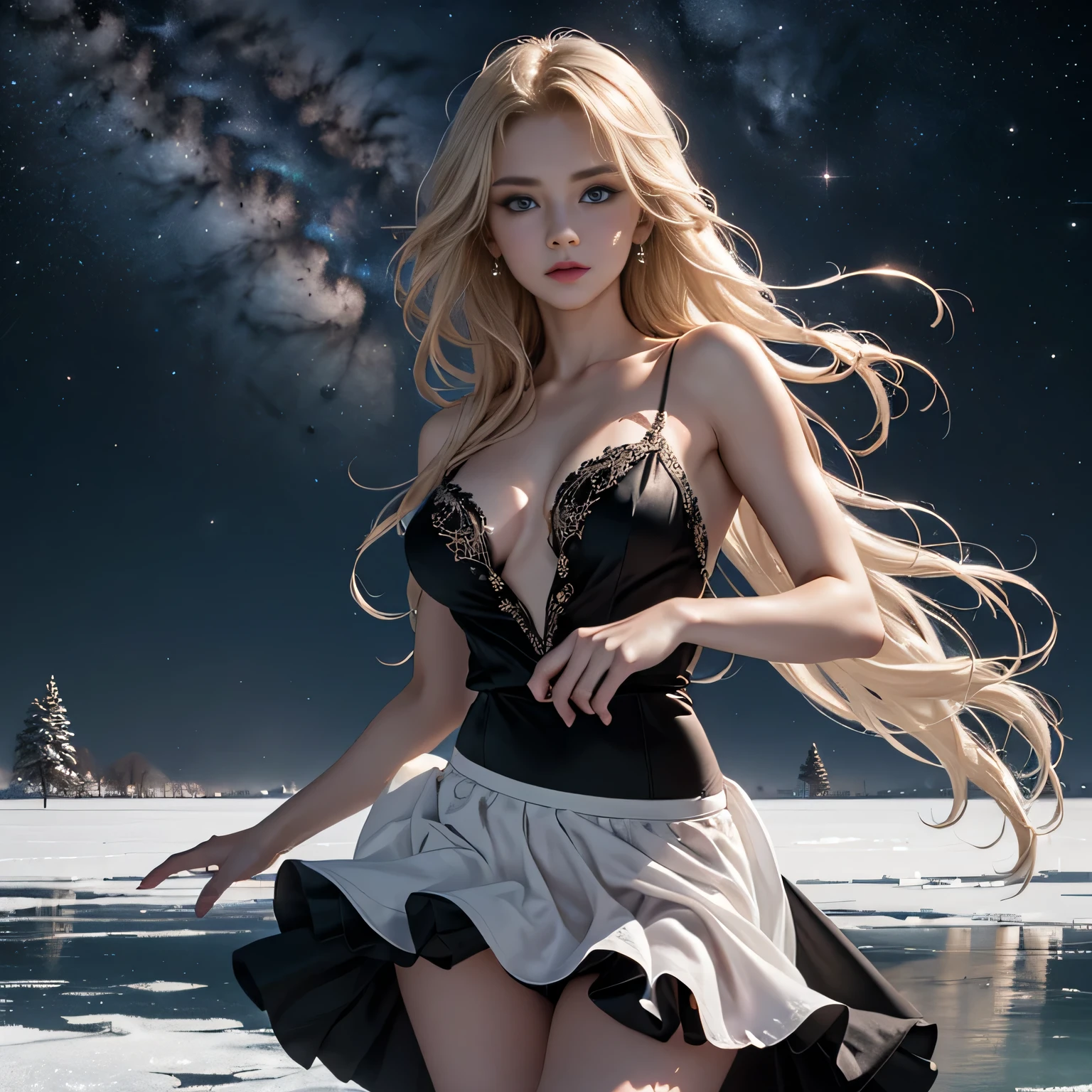 (Beautiful girl on a frozen lake covered with hoarfrost),1womanl、(Super beautiful)、(beauitful face:1.5)、(A detailed face:1.5)、(A detailed eye:1.1)、(Detailed lips:1.1)、(Detailed nose:1.1)、(Beautiful Russians)、(a blond)、(blue eyess)、(Doing figure skating)、(anatomically correct movements:1.1)、(black robes),、(White panties under the skirt:1.3)、(Bare legs:1.1)、(Dressing)、(starrysky、You can see the Milky Way),((wearing a black gown))