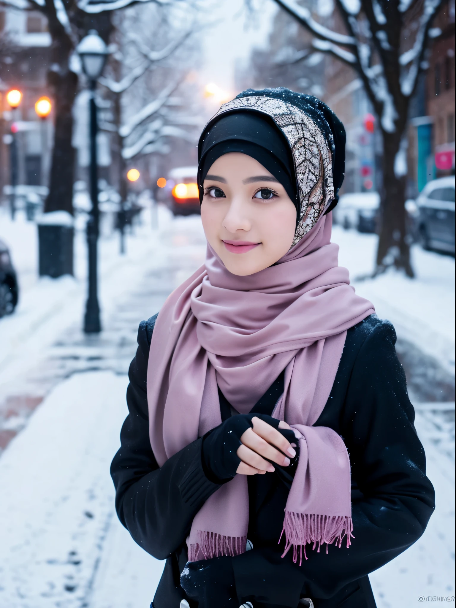 hijab, street, snow