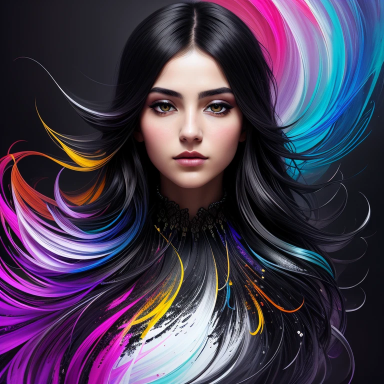 Colorful beautiful girl: a persian girl 28-years old, messy hair, oil painting, nice perfect face with soft skinice perfect face, blue yellow colors, light purple and violet additions, light red additions, intricate detail, splash screen, 8k resolution, masterpiece, cute face,artstation digital painting smooth veryBlack ink flow: 8k resolution photorealistic masterpiece: intricately detailed fluid gouache painting: by Jean Baptiste Mongue: calligraphy: acrylic: watercolor art, professional photography, natural lighting, volumetric lighting maximalist photoillustration: by marton bobzert:, complex, elegant, expansive, fantastical, wavy hair, vibrant, Best quality details, realistic, High definition, High quality texture, epic lighting, Cinematic film still, 8k, soft lighting, anime style, masterful playing card border, random Colorful art, oil painting, blue yellow colors, light purple and violet additions, light red additions, intricate detail, splash screen, 8k resolution, masterpiece, artstation digital painting smooth veryBlack ink flow: 8k resolution photorealistic masterpiece: intricately detailed fluid gouache painting: by Jean Baptiste Mongue: calligraphy: acrylic: watercolor art, professional photography, natural lighting, volumetric lighting maximalist photoillustration: by marton bobzert:, complex, elegant, expansive, fantastical, vibrant, ((dark plain black background:1.4))