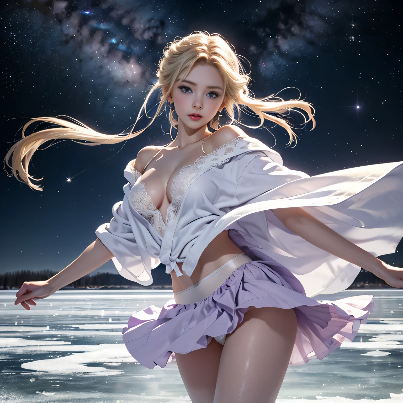 (Beautiful girl on a frozen lake covered with hoarfrost),1womanl、(Super beautiful)、(beauitful face:1.5)、(A detailed face:1.5)、(A detailed eye:1.1)、(Detailed lips:1.1)、(Detailed nose:1.1)、(Beautiful Russians)、(a blond)、(blue eyess)、(Doing figure skating)、(anatomically correct movements:1.1)、(Purple robe),、(White panties under the skirt:1.3)、(Bare legs:1.1)、(Dressing)、(starrysky、You can see the Milky Way)