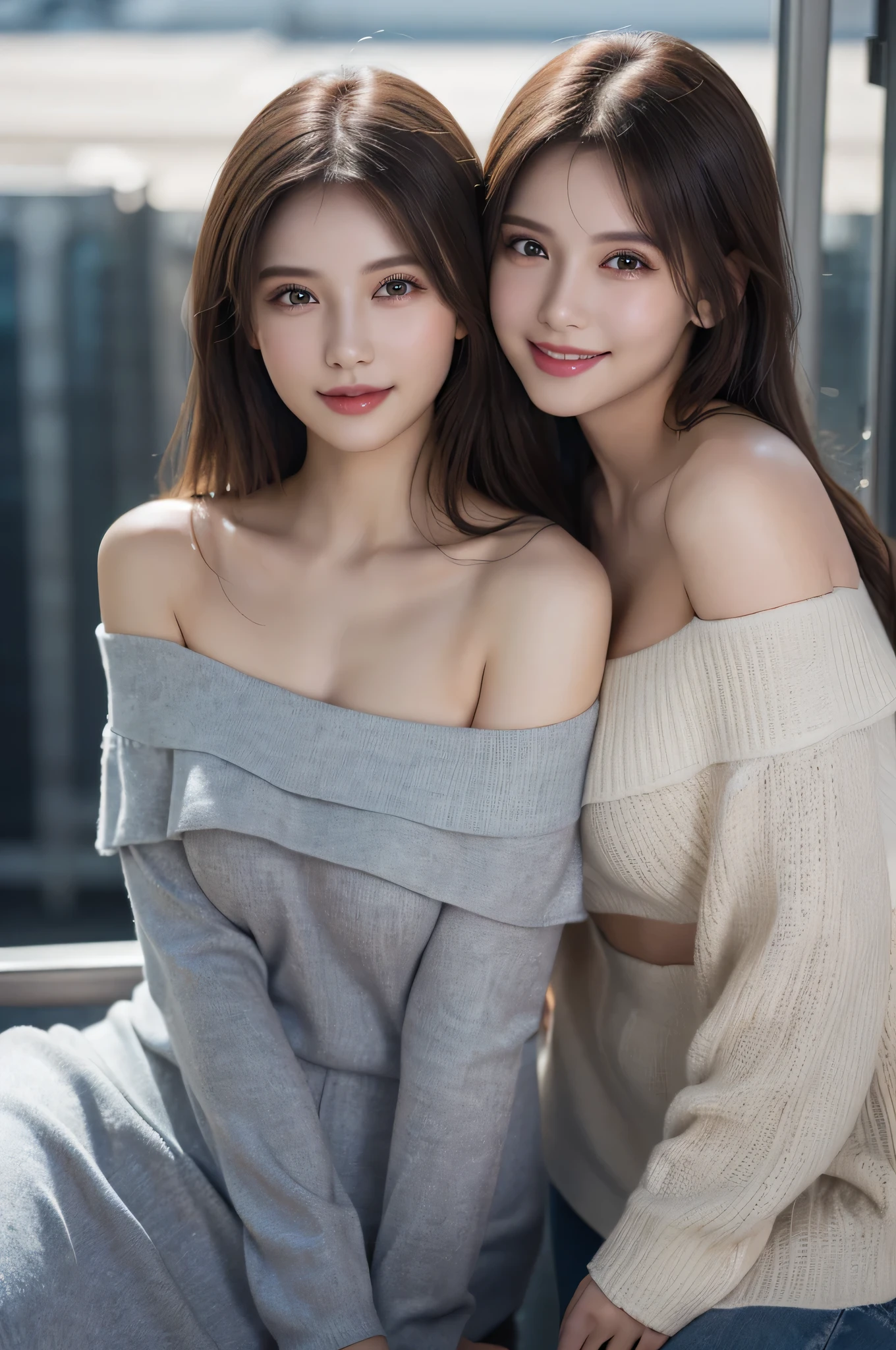 (2girls:1.3), (Ultra Realistic, hight resolution), (Highly detailed eyes, Highly detailed hair, Highly detailed face, Highly detailed plump lips), (off shoulder with open breasts), breasts, Upper body, Search Smile, (Best Quality:1.4), Raw photo, (Realistic, photo-Realistic:1.37), Professional Photography, Cinematic Light, (Fine face: 1.2), (View from above),