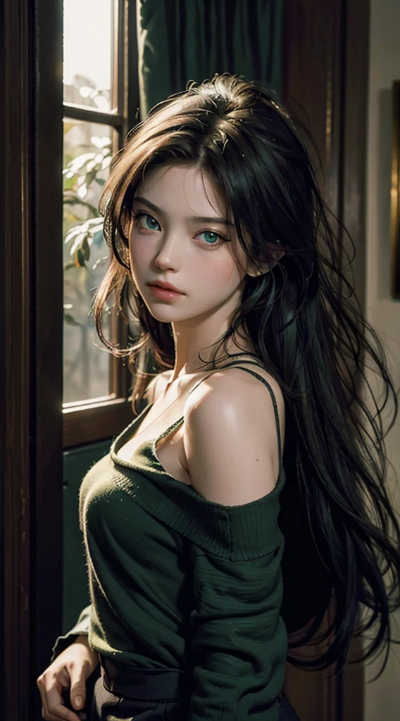 Best Quality, Masterpiece, Ultra High Resolution, (Realisticity: 1.4), Original Photo, 1Girl, Green Eyes, Off-the-Shoulders, Cinematic Lighting