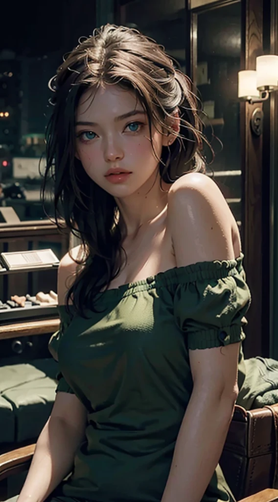 Best Quality, Masterpiece, Ultra High Resolution, (Realisticity: 1.4), Original Photo, 1Girl, Green Eyes, Off-the-Shoulders, Cinematic Lighting