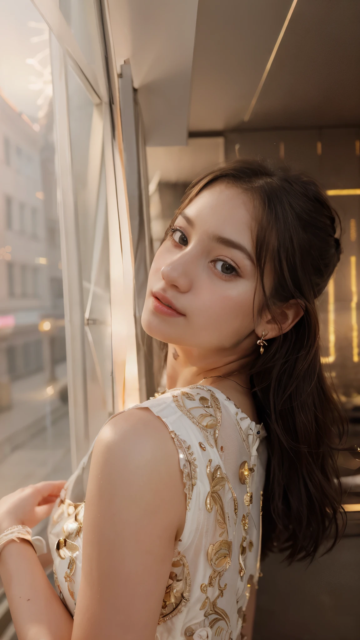 masterpiece、8K、32K、top-quality、(A detailed eye)、(A cute woman、bangss:1.3) , 19years old、1 girl in、elegent、(Detailed background depiction、portlate:1.2)、(illuminations:1.5)、Cheerful, Don't change the face shape and outfits .