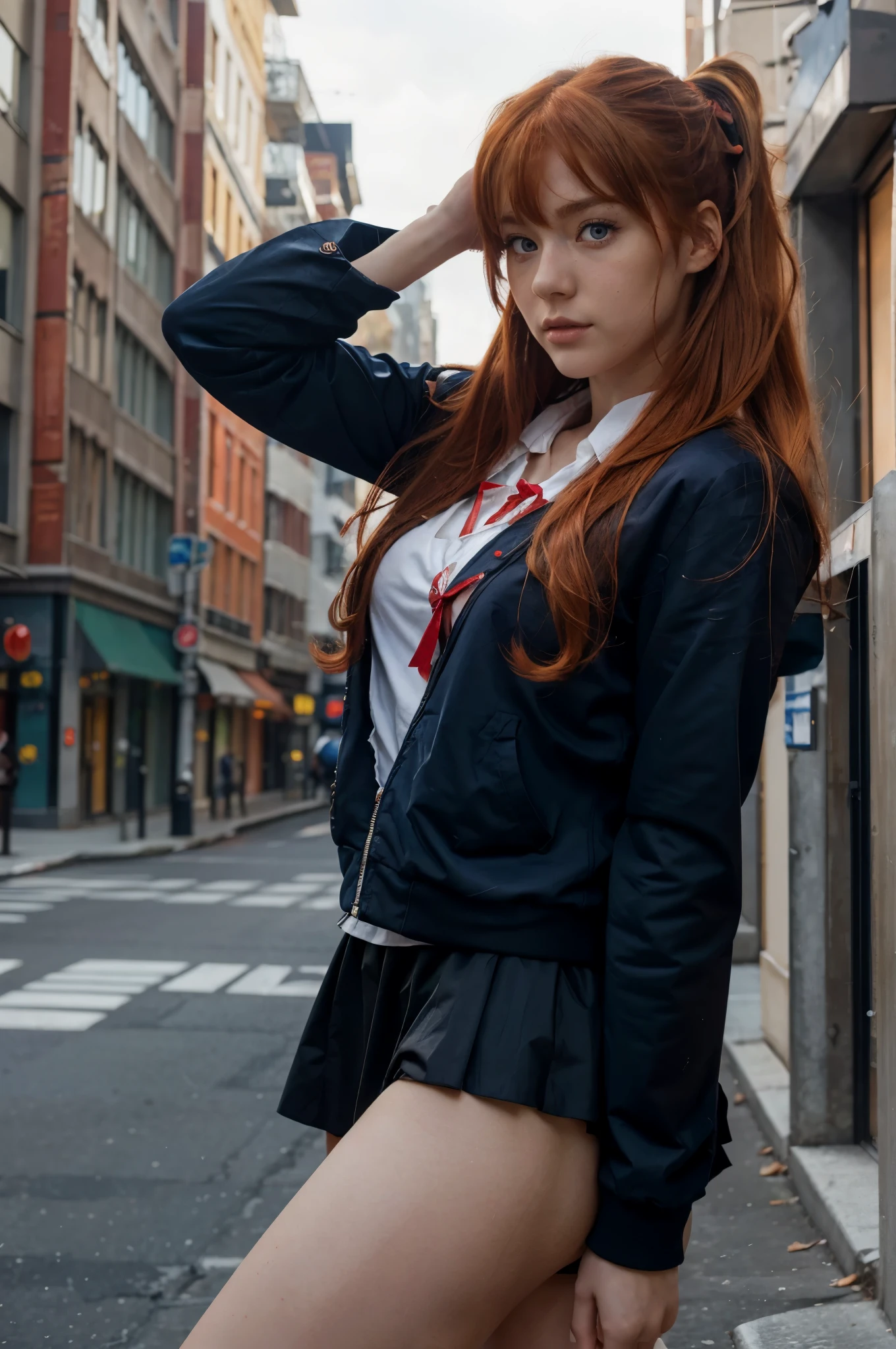 (best quality), high resolution,Asuka Langley Soryu, Beautiful Pretty Mixed German Babe, (Beautiful face), sexy lips, Auburn Twin Tails Ginger Hairs, intense gaze, dark blue detailed beautiful eyes, combine realism and anime influence, (dynamic pose),New York street, red jacket, ribbon hair, black skirt,