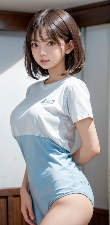 tmasterpiece, 1 beutiful girl, Detailed eyes, puffy eye, Best quality at best, hyper HD, (Realistis: 1.4), RAW photogr, 1girll, cinmatic lighting, jpn, a asian beauty, Korea, Super beautiful, Beautiful skins, slim, body facing the front, (Ultra photo realsisim), (A high resolution), (8K), (The is very detailed), (Most Best Illustration), (美丽细致的眼睛), (ultra - detailed) , 详细的脸, looking at viewert, Staring straight ahead, Neat clothes, 无袖,short detailed hair,brunette color hair,46-point diagonal bangs,The room is based on a white background tone,Neat atmosphere,Bigchest,Natural big breasts,Mouth open