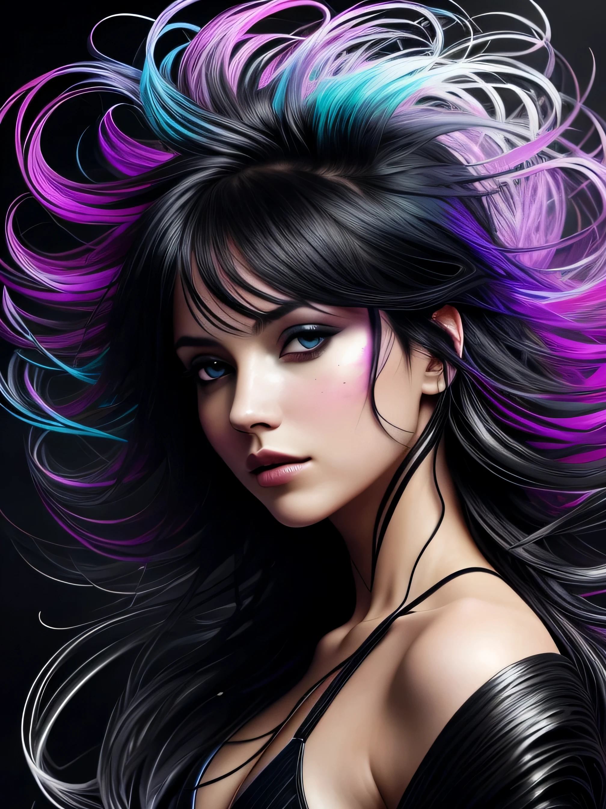 Colorful beautiful girl: a giru 28-years old, messy hair, oil painting, nice perfect face with soft skinice perfect face, blue yellow colors, light purple and violet additions, light red additions, intricate detail, splash screen, 8k resolution, masterpiece, cute face,artstation digital painting smooth veryBlack ink flow: 8k resolution photorealistic masterpiece: intricately detailed fluid gouache painting: by Jean Baptiste Mongue: calligraphy: acrylic: watercolor art, professional photography, natural lighting, volumetric lighting maximalist photoillustration: by marton bobzert:, complex, elegant, expansive, fantastical, wavy hair, vibrant, Best quality details, realistic, High definition, High quality texture, epic lighting, Cinematic film still, 8k, soft lighting, anime style, masterful playing card border, random Colorful art, oil painting, blue yellow colors, light purple and violet additions, light red additions, intricate detail, splash screen, 8k resolution, masterpiece, artstation digital painting smooth veryBlack ink flow: 8k resolution photorealistic masterpiece: intricately detailed fluid gouache painting: by Jean Baptiste Mongue: calligraphy: acrylic: watercolor art, professional photography, natural lighting, volumetric lighting maximalist photoillustration: by marton bobzert:, complex, elegant, expansive, fantastical, vibrant, ((dark plain black background:1.4))