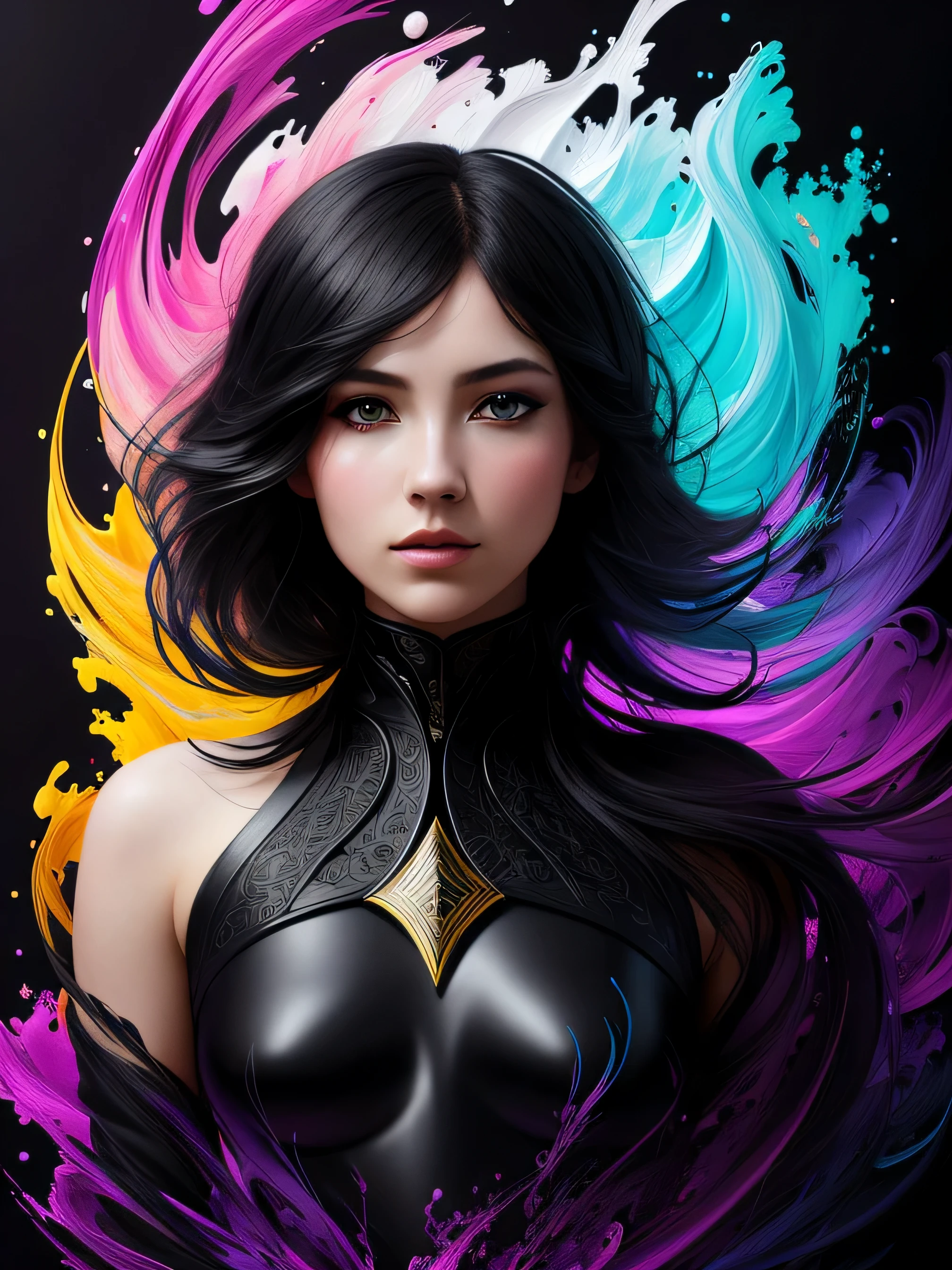 Colorful beautiful girl: a giru 28-years old, messy hair, oil painting, nice perfect face with soft skinice perfect face, blue yellow colors, light purple and violet additions, light red additions, intricate detail, splash screen, 8k resolution, masterpiece, cute face,artstation digital painting smooth veryBlack ink flow: 8k resolution photorealistic masterpiece: intricately detailed fluid gouache painting: by Jean Baptiste Mongue: calligraphy: acrylic: watercolor art, professional photography, natural lighting, volumetric lighting maximalist photoillustration: by marton bobzert:, complex, elegant, expansive, fantastical, wavy hair, vibrant, Best quality details, realistic, High definition, High quality texture, epic lighting, Cinematic film still, 8k, soft lighting, anime style, masterful playing card border, random Colorful art, oil painting, blue yellow colors, light purple and violet additions, light red additions, intricate detail, splash screen, 8k resolution, masterpiece, artstation digital painting smooth veryBlack ink flow: 8k resolution photorealistic masterpiece: intricately detailed fluid gouache painting: by Jean Baptiste Mongue: calligraphy: acrylic: watercolor art, professional photography, natural lighting, volumetric lighting maximalist photoillustration: by marton bobzert:, complex, elegant, expansive, fantastical, vibrant, ((dark plain black background:1.4))