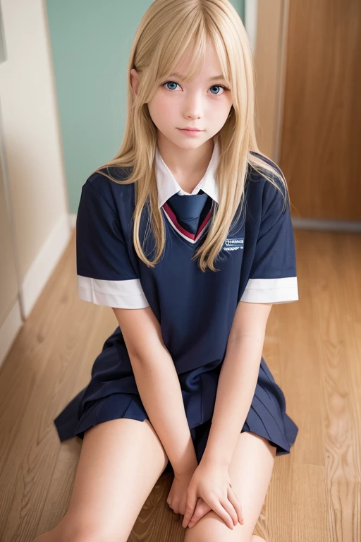 a very cute blonde  girl, naked, school uniform, sitting, frog-sit on floor, raw photo