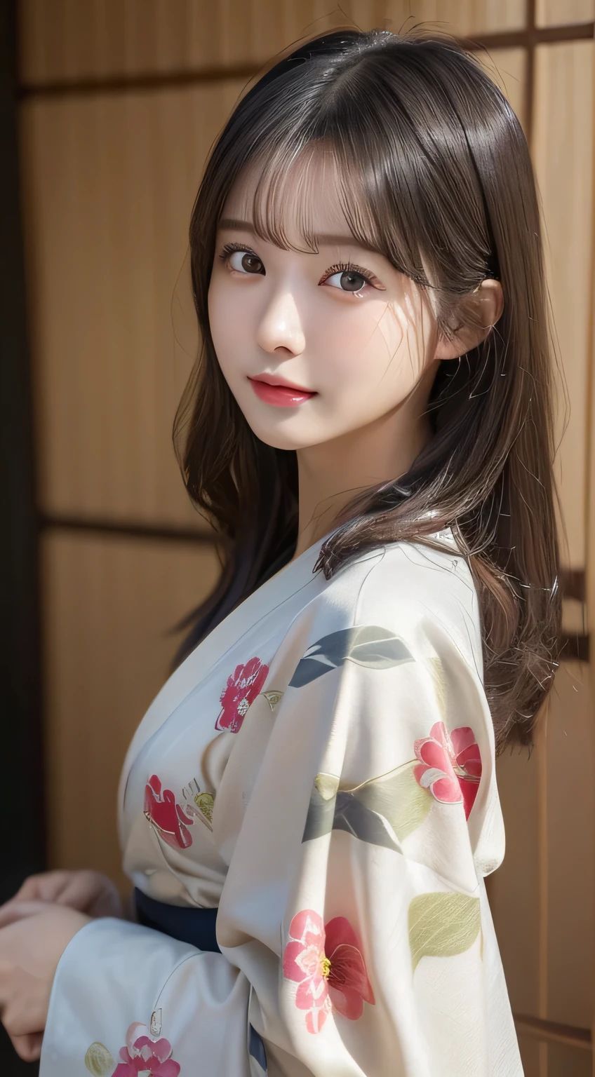 (Kimono)、(23years old)、(top-quality,masterpiece:1.3,超A high resolution,),(ultra-detailliert,Caustics),(Photorealsitic:1.4,RAW shooting,)Ultra-realistic capture,A highly detailed,high-definition16Kfor human skin、 Skin texture is natural、、The skin looks healthy with an even tone、 Use natural light and color、(One Woman)、japanes,,kawaii,A dark-haired,Middle hair,(depth of fields、chromatic abberation、、Wide range of lighting、Natural Shading、)、